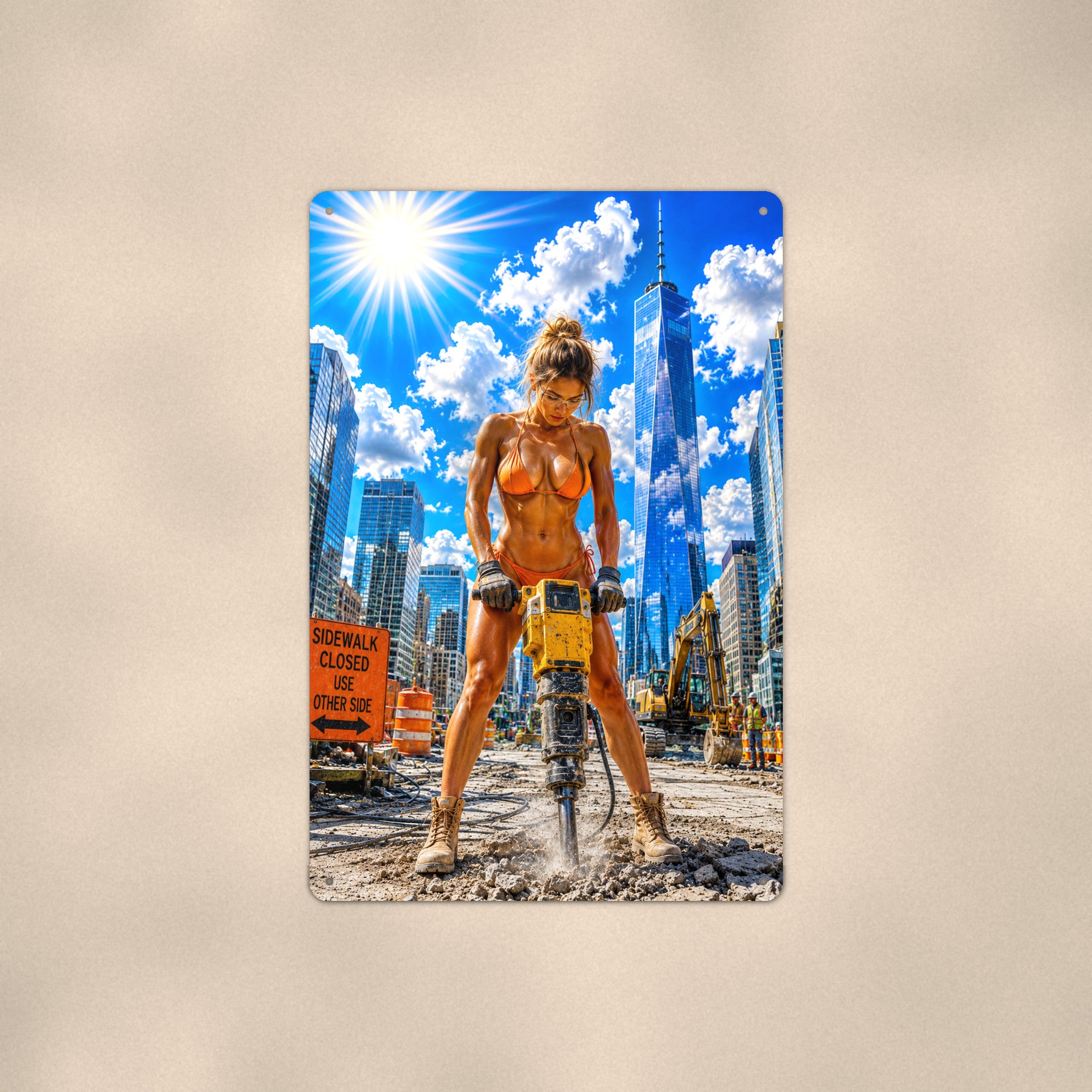 Jackhammer operator on a busy city street Metal Wall Art, Aluminum Sign, Retro Pinup Wall Decor, Vintage Pin-Up Gift