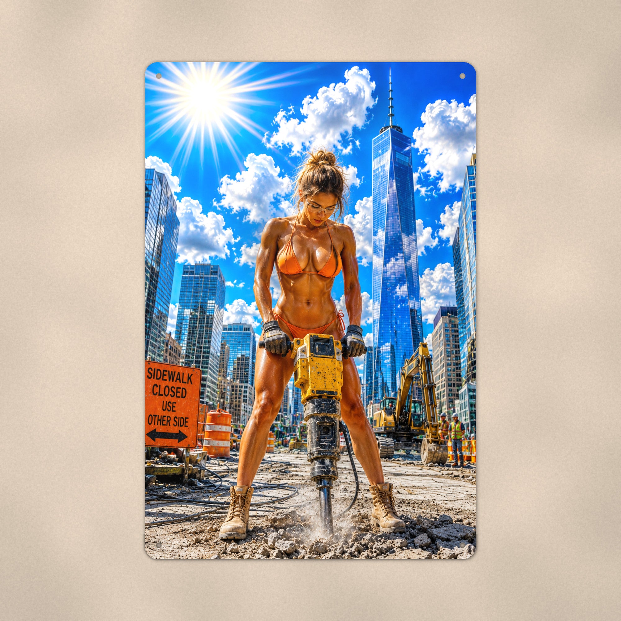 Jackhammer operator on a busy city street Metal Wall Art, Aluminum Sign, Retro Pinup Wall Decor, Vintage Pin-Up Gift