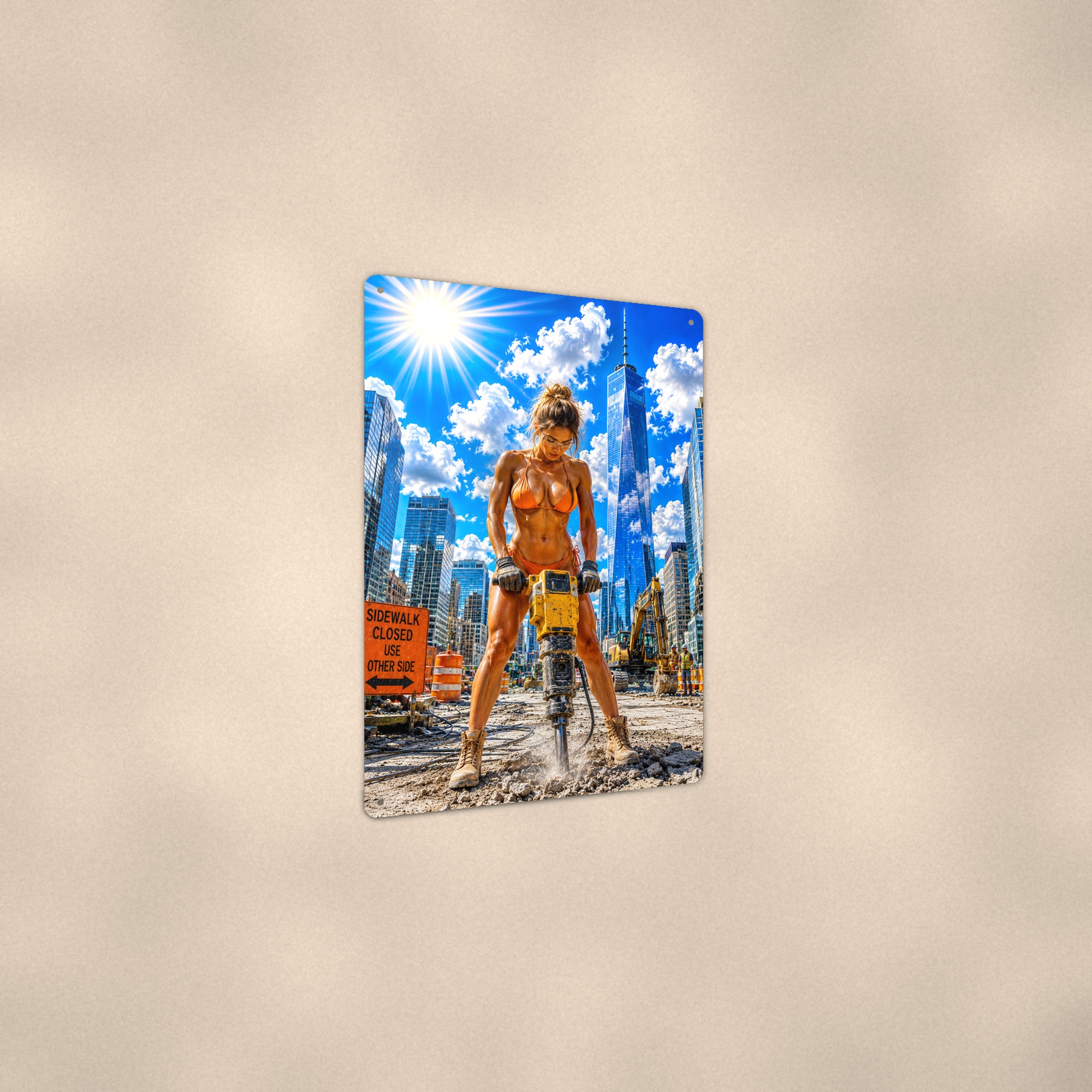 Jackhammer operator on a busy city street Metal Wall Art, Aluminum Sign, Retro Pinup Wall Decor, Vintage Pin-Up Gift