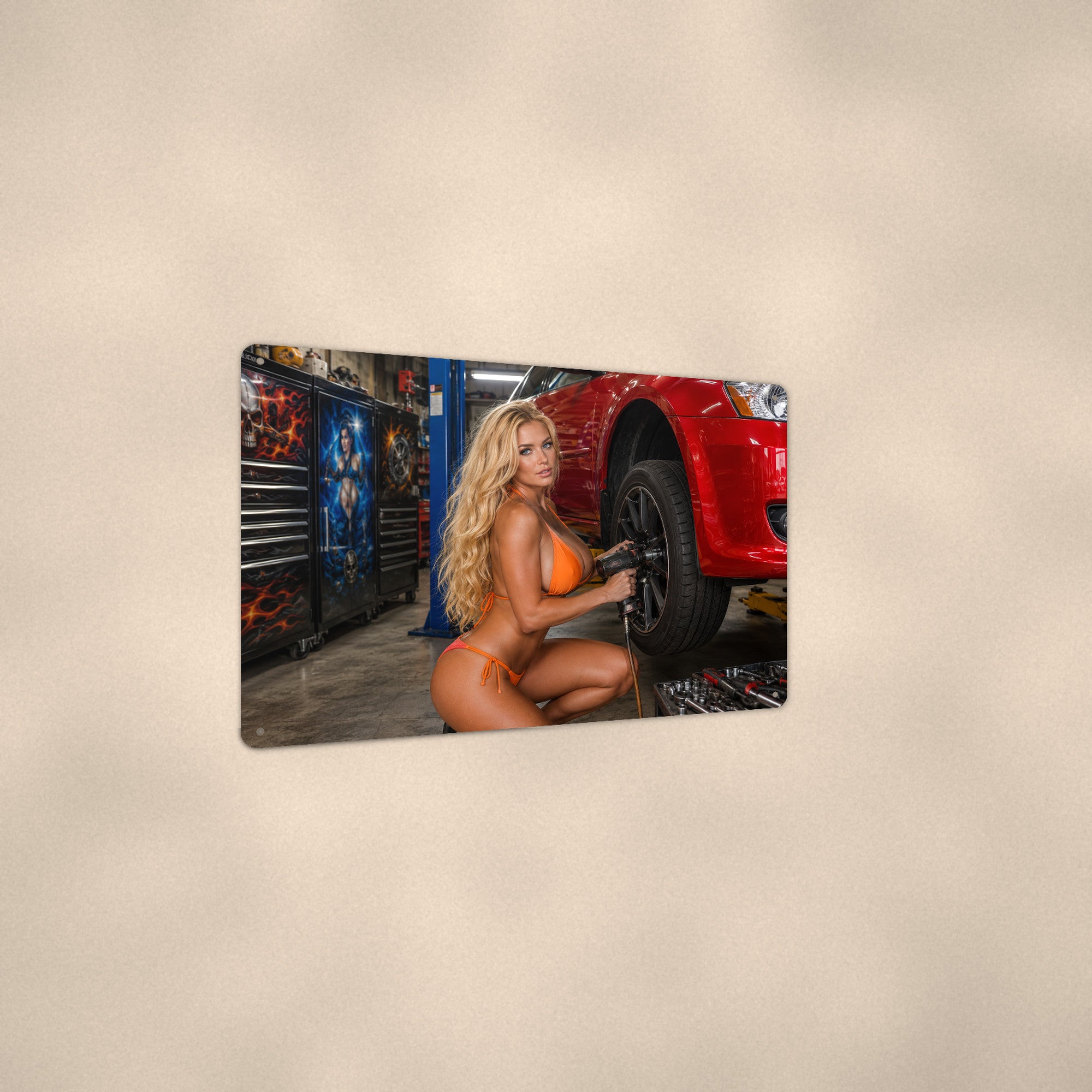 Mechanic with an impact wrench on the lift Metal Wall Art, Aluminum Sign, Retro Pinup Wall Decor, Vintage Pin-Up Gift
