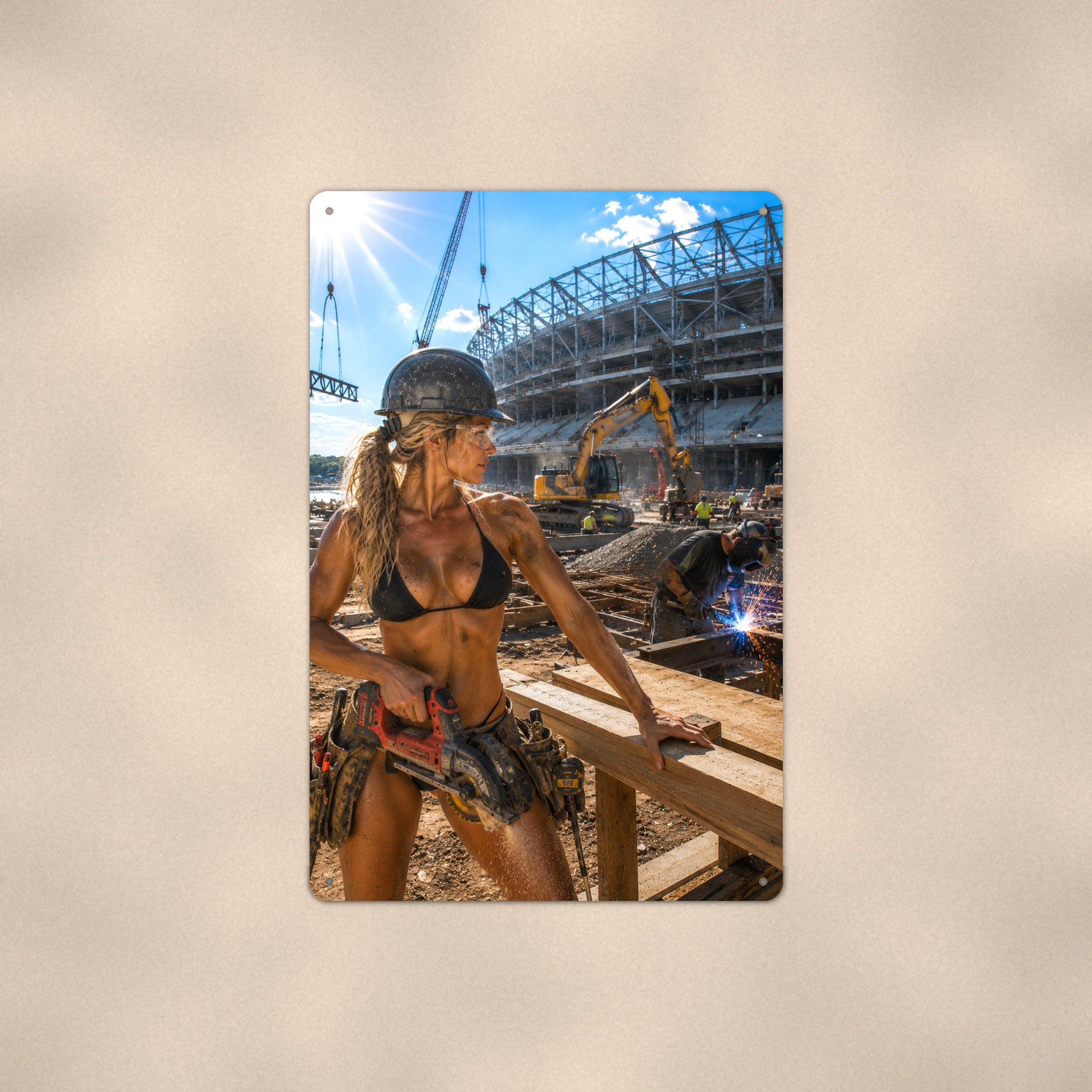 Tool-belt worker at the stadium build site Metal Wall Art, Aluminum Sign, Retro Pinup Wall Decor, Vintage Pin-Up Gift