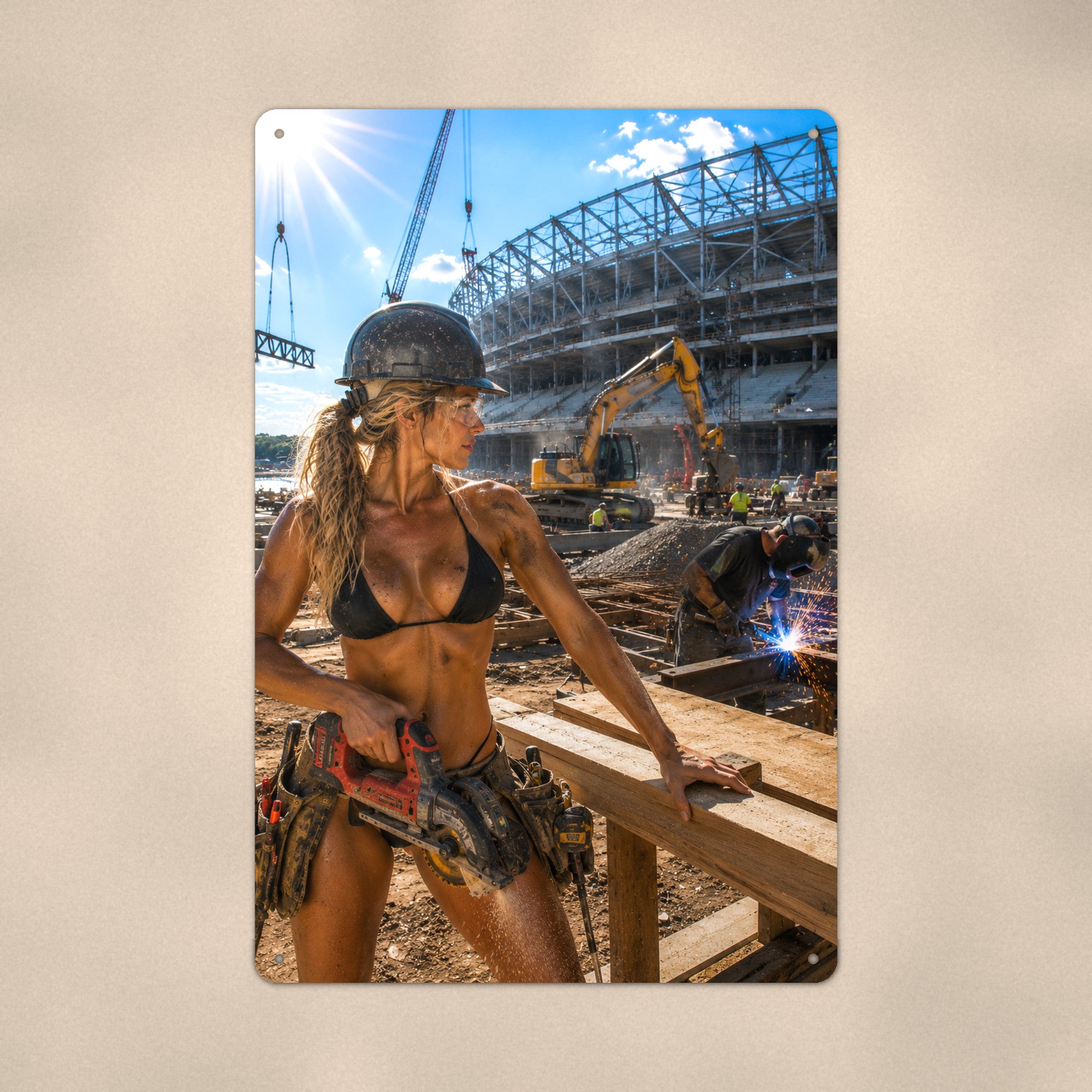 Tool-belt worker at the stadium build site Metal Wall Art, Aluminum Sign, Retro Pinup Wall Decor, Vintage Pin-Up Gift