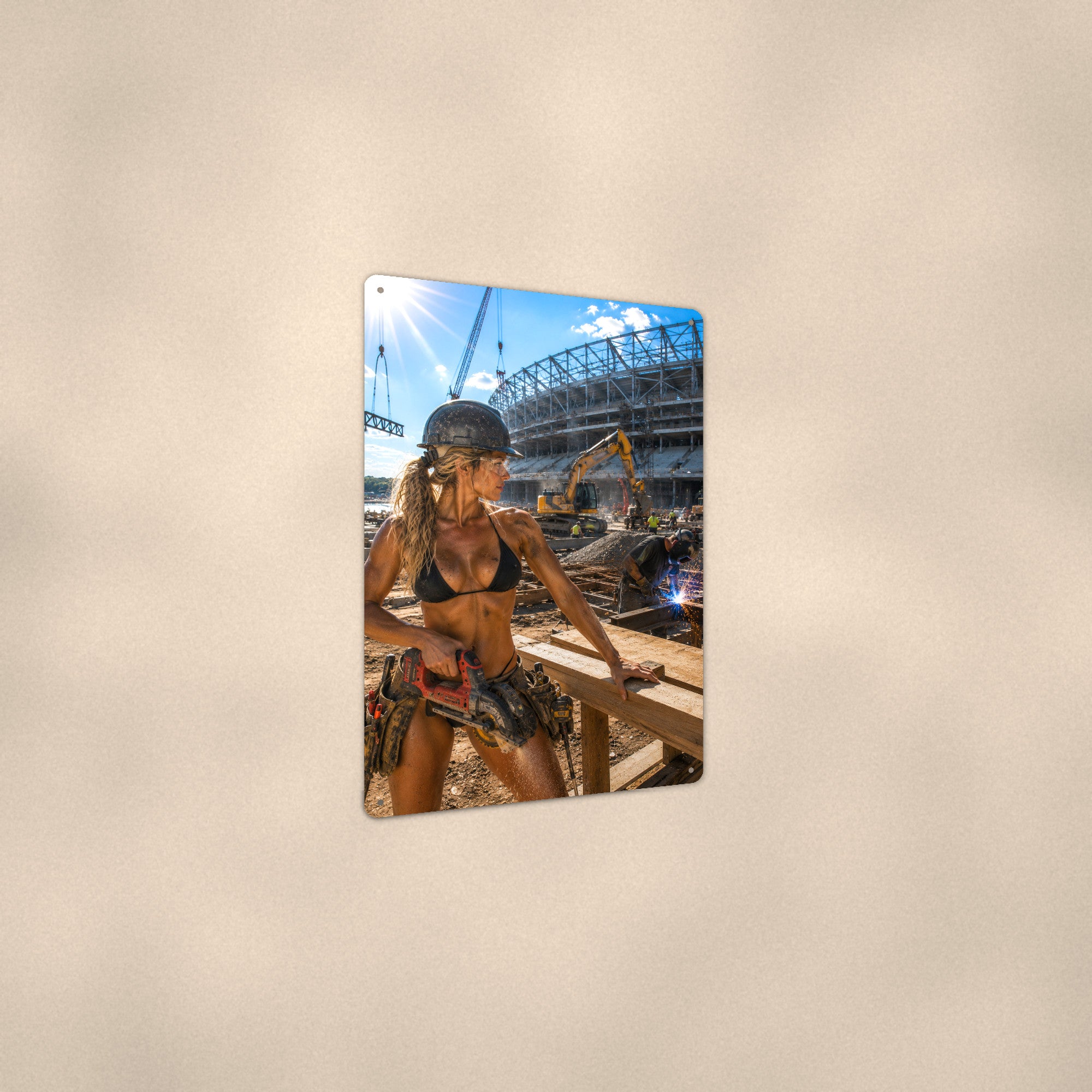 Tool-belt worker at the stadium build site Metal Wall Art, Aluminum Sign, Retro Pinup Wall Decor, Vintage Pin-Up Gift