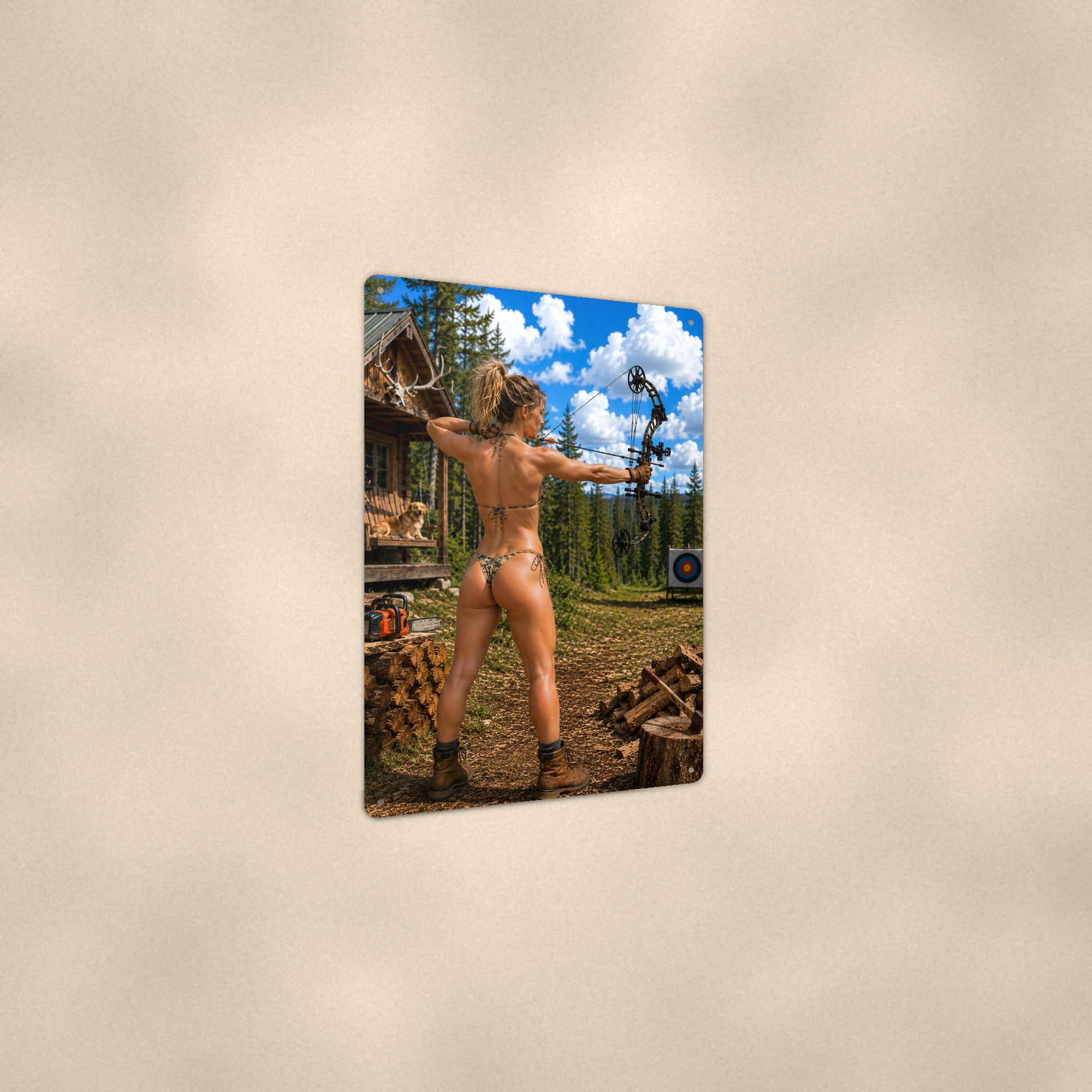 Archer at full draw by the cabin range Metal Wall Art, Aluminum Sign, Retro Pinup Wall Decor, Vintage Pin-Up Gift