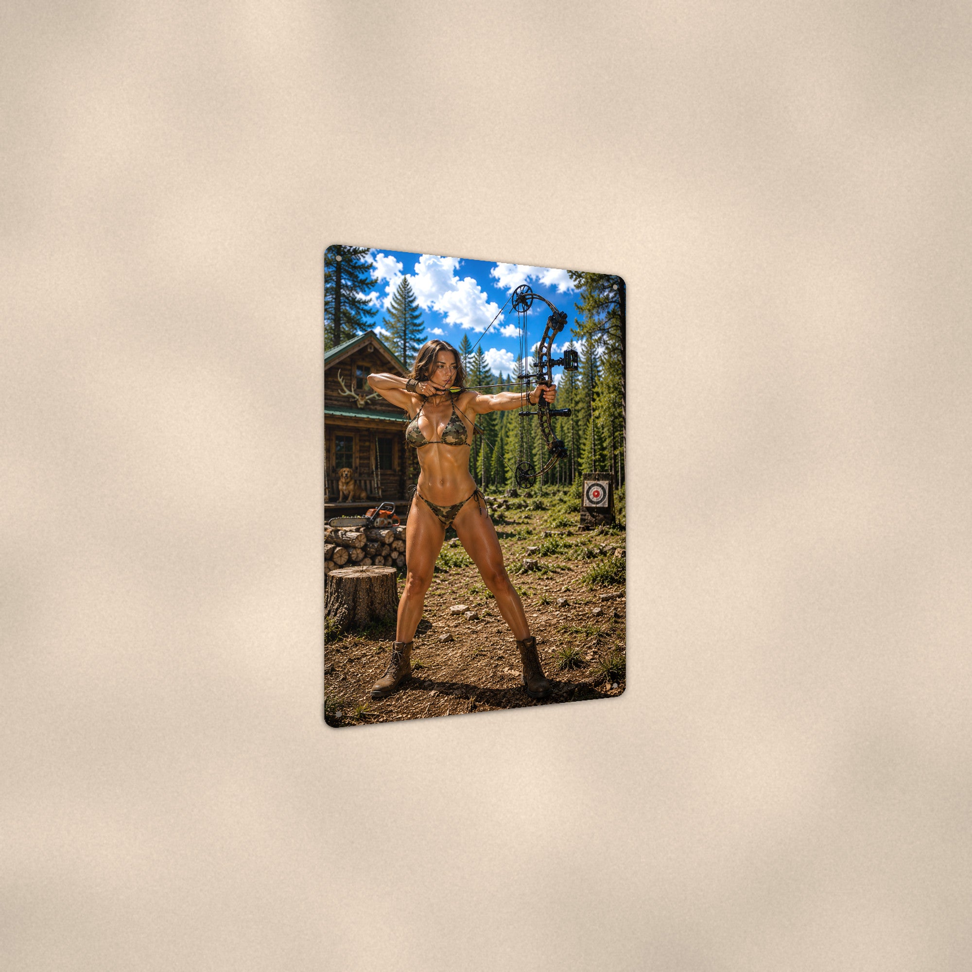 Archer close up at full draw by the cabin Metal Wall Art, Aluminum Sign, Retro Pinup Wall Decor, Vintage Pin-Up Gift