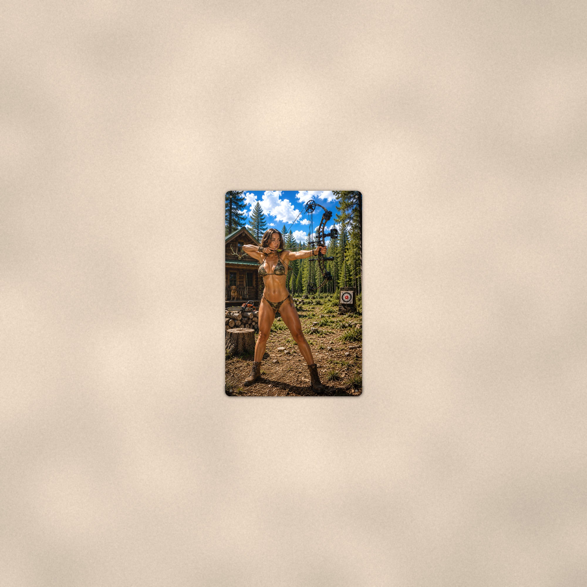 Archer close up at full draw by the cabin Metal Wall Art, Aluminum Sign, Retro Pinup Wall Decor, Vintage Pin-Up Gift