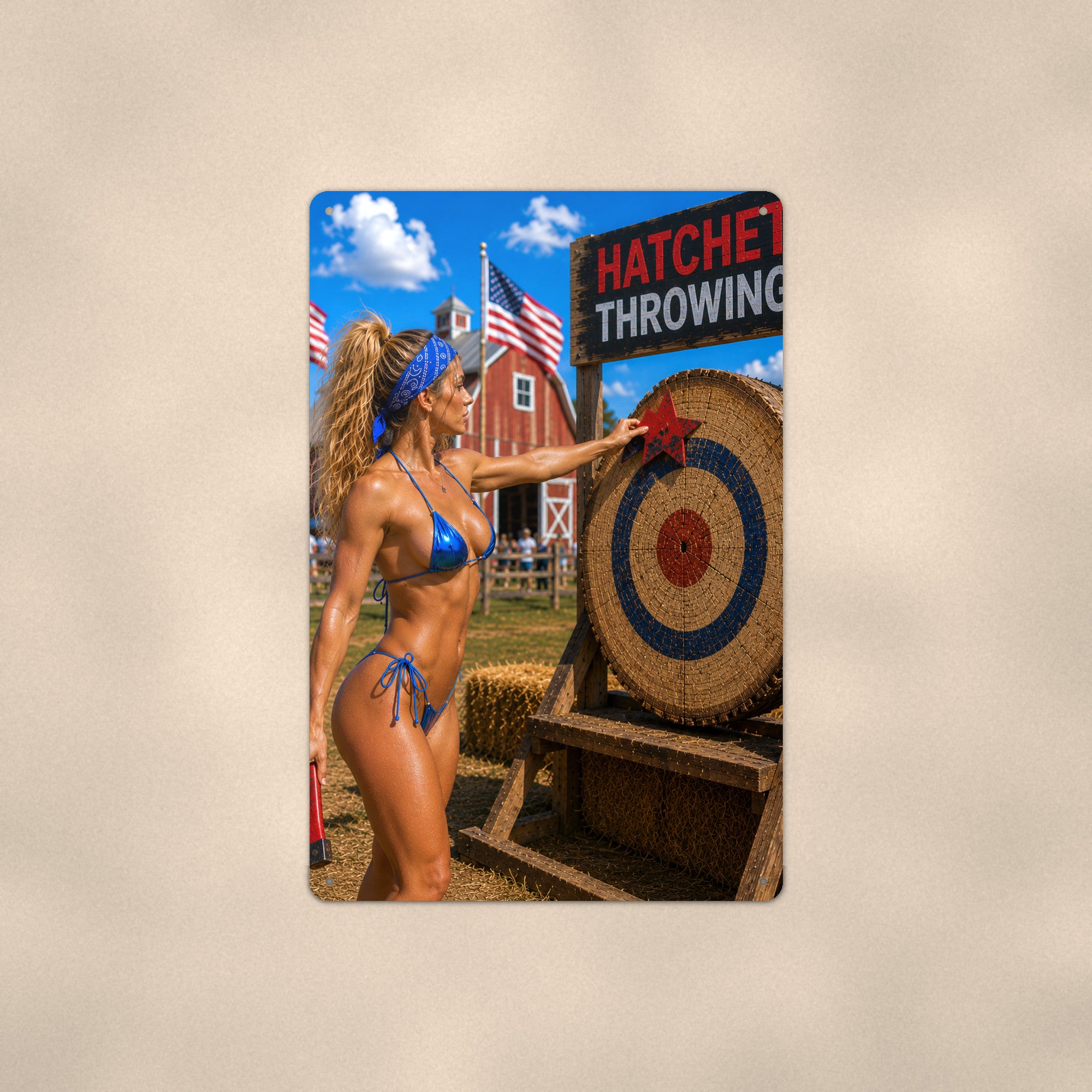 Hatchet thrower before the target board Metal Wall Art, Aluminum Sign, Retro Pinup Wall Decor, Vintage Pin-Up Gift