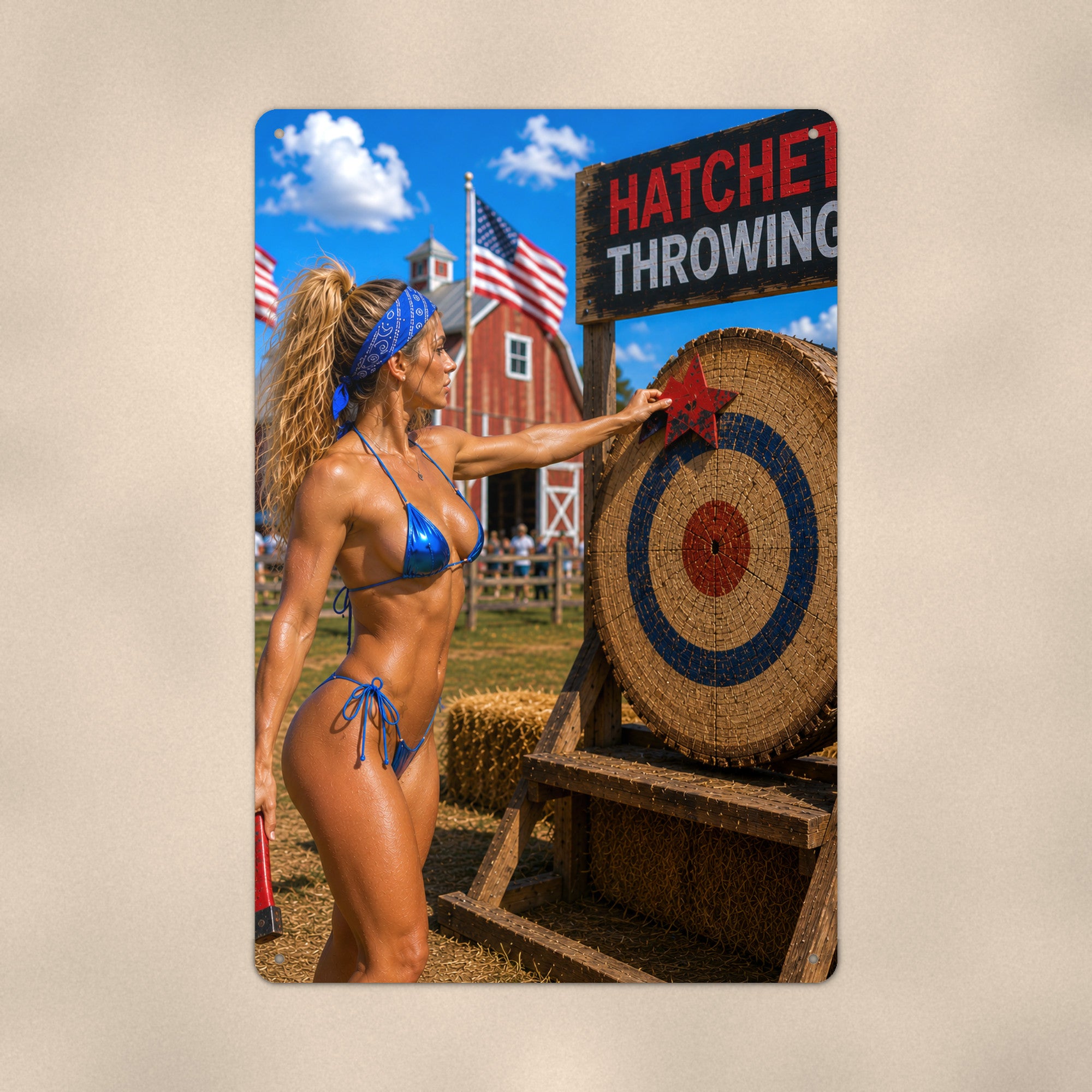 Hatchet thrower before the target board Metal Wall Art, Aluminum Sign, Retro Pinup Wall Decor, Vintage Pin-Up Gift