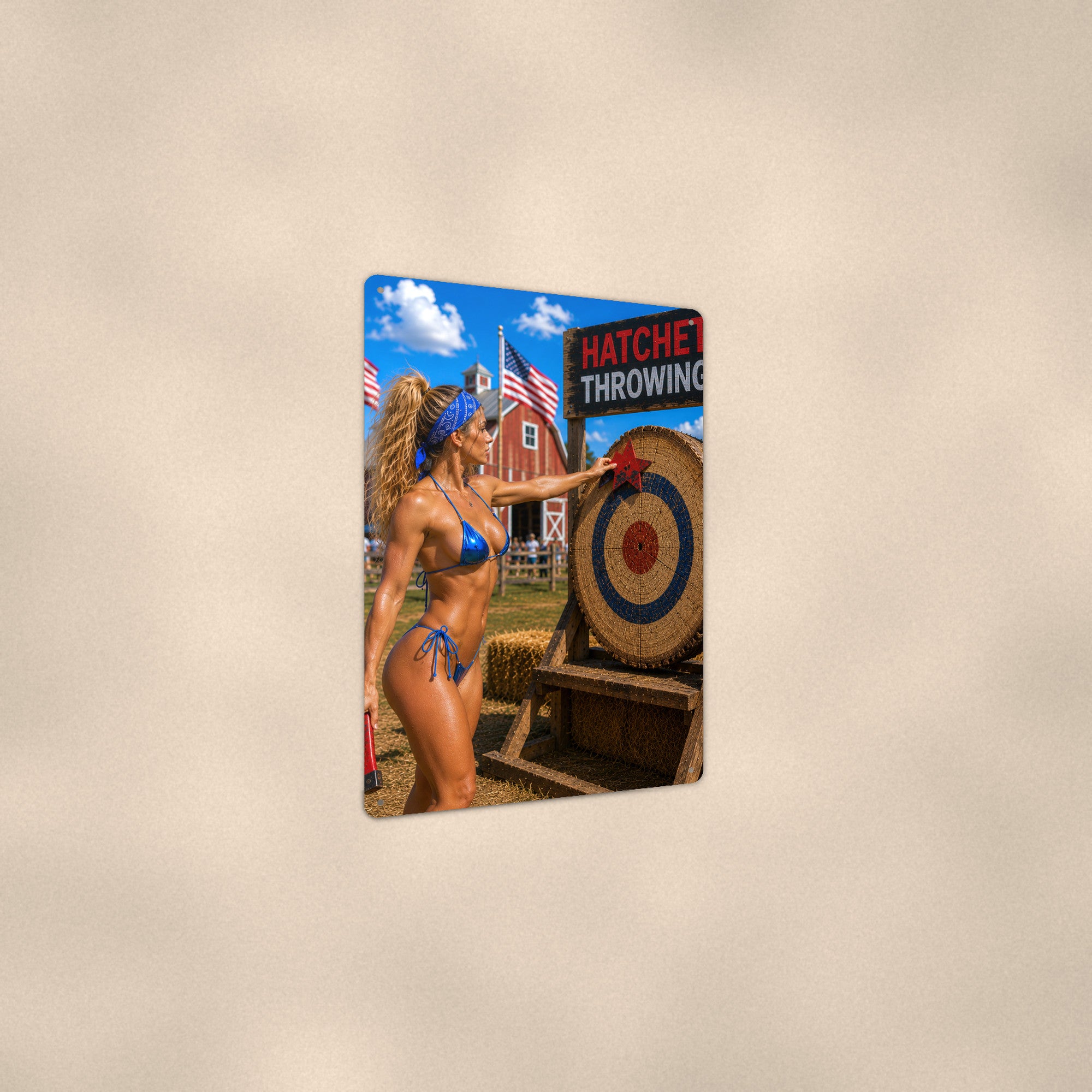 Hatchet thrower before the target board Metal Wall Art, Aluminum Sign, Retro Pinup Wall Decor, Vintage Pin-Up Gift