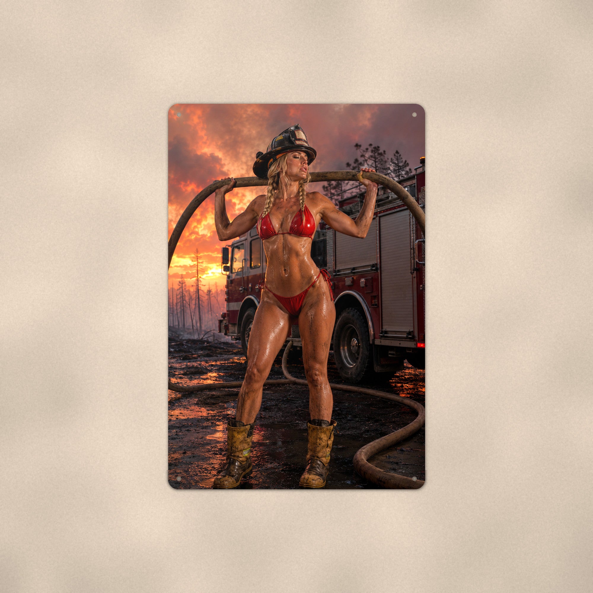 Firefighter with the hose at a wildfire scene Metal Wall Art, Aluminum Sign, Retro Pinup Wall Decor, Vintage Pin-Up Gift