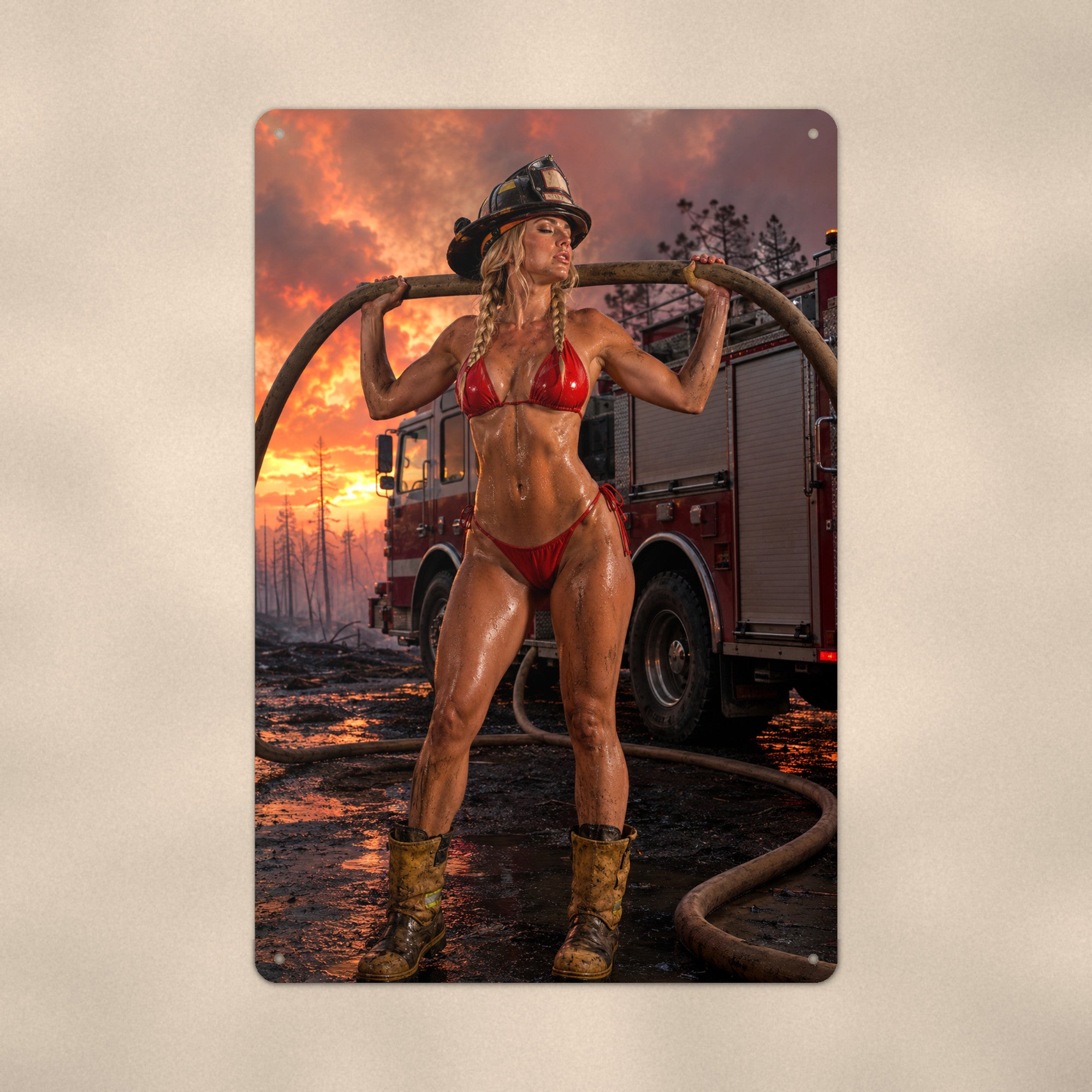 Firefighter with the hose at a wildfire scene Metal Wall Art, Aluminum Sign, Retro Pinup Wall Decor, Vintage Pin-Up Gift