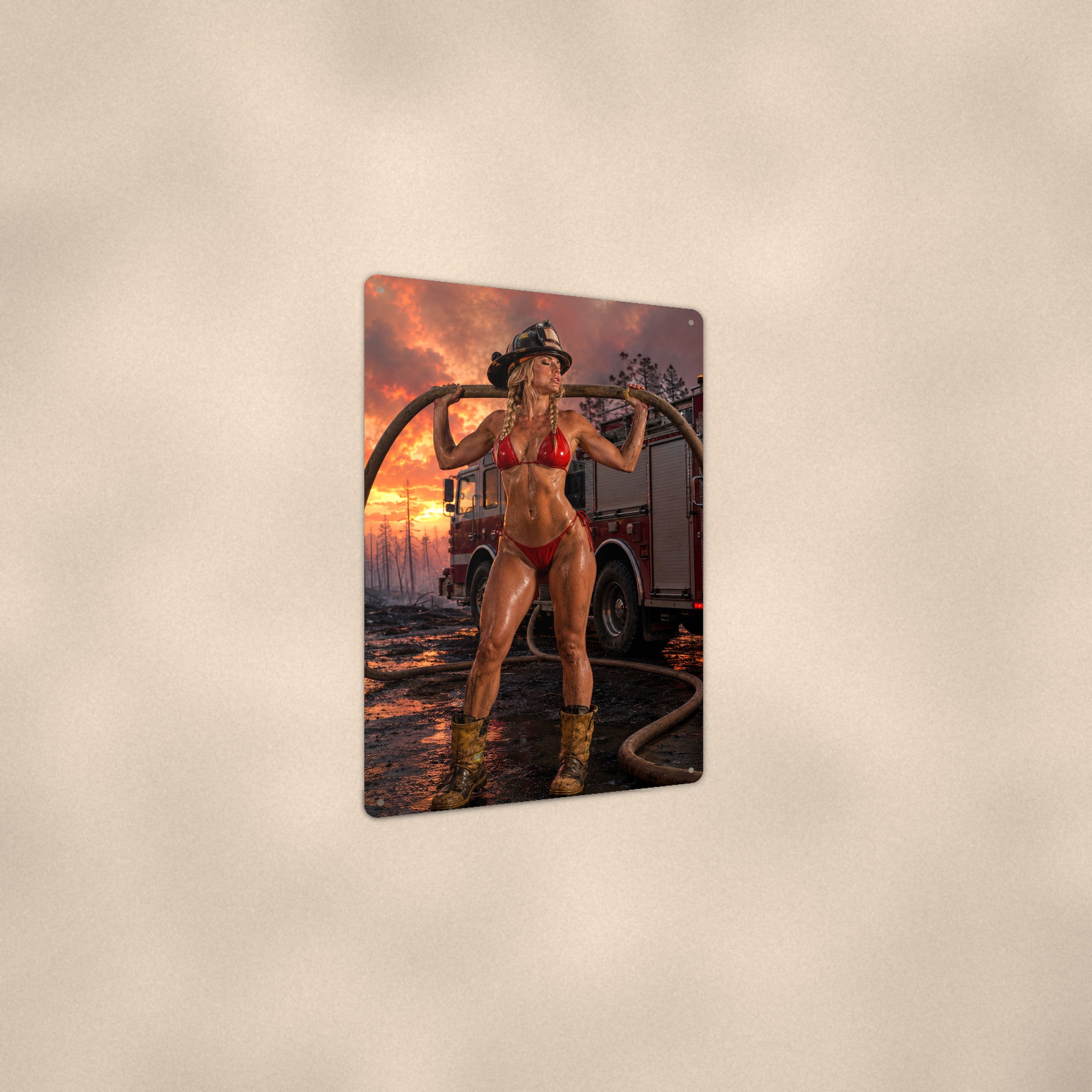 Firefighter with the hose at a wildfire scene Metal Wall Art, Aluminum Sign, Retro Pinup Wall Decor, Vintage Pin-Up Gift