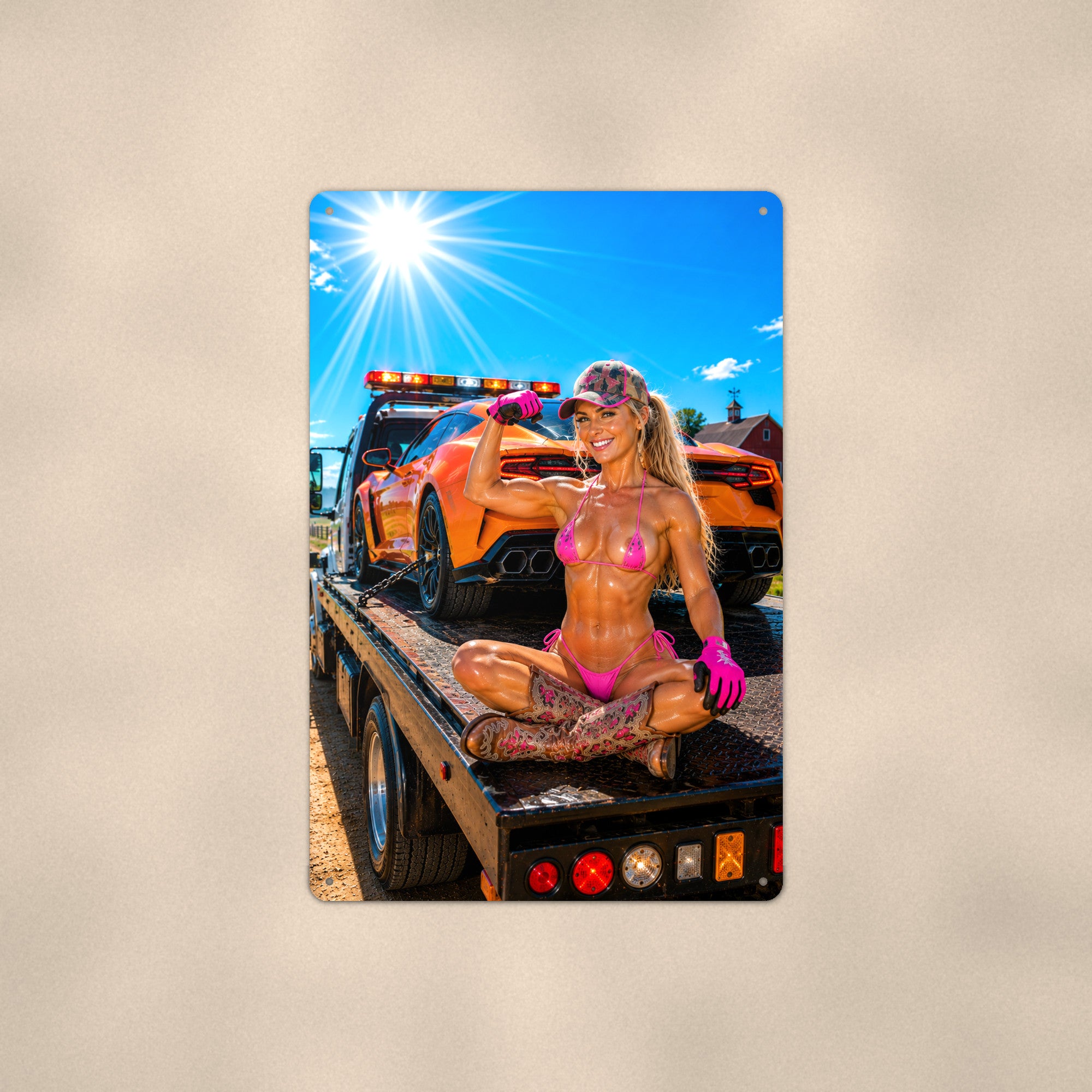 Flatbed rider beside a loaded sports coupe Metal Wall Art, Aluminum Sign, Retro Pinup Wall Decor, Vintage Pin-Up Gift