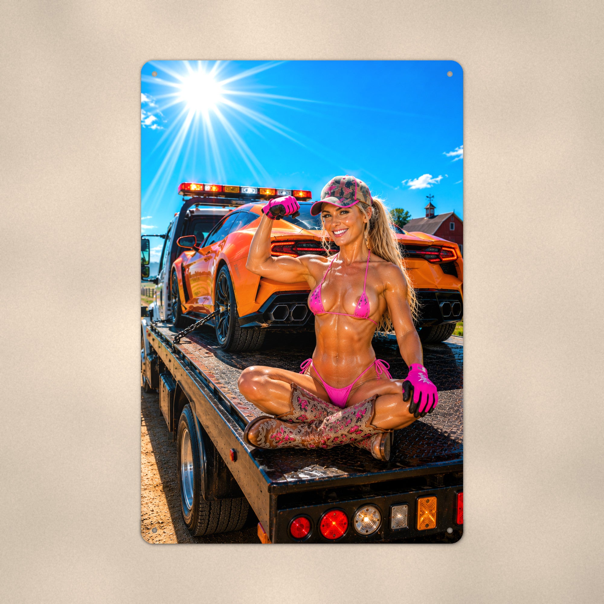 Flatbed rider beside a loaded sports coupe Metal Wall Art, Aluminum Sign, Retro Pinup Wall Decor, Vintage Pin-Up Gift
