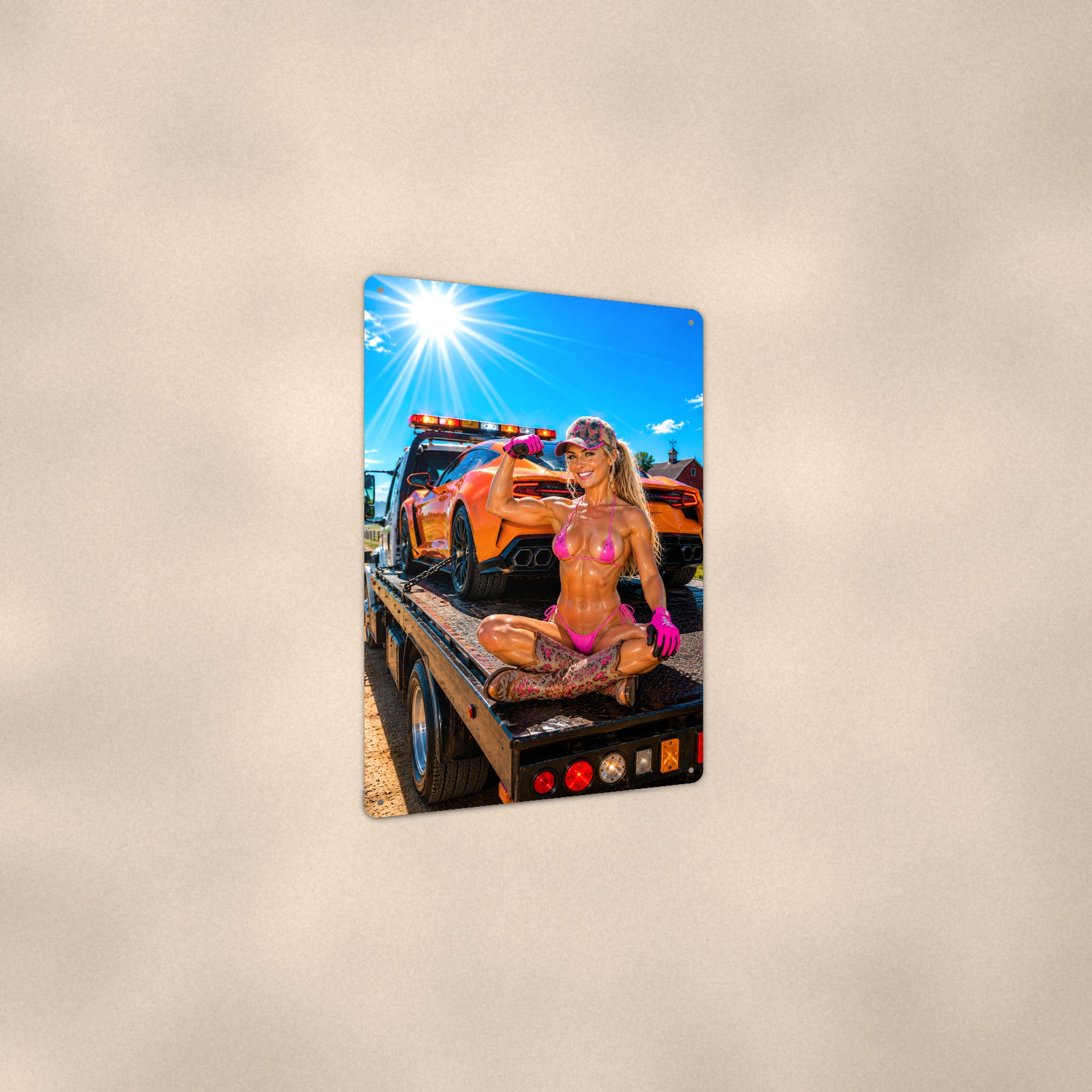 Flatbed rider beside a loaded sports coupe Metal Wall Art, Aluminum Sign, Retro Pinup Wall Decor, Vintage Pin-Up Gift