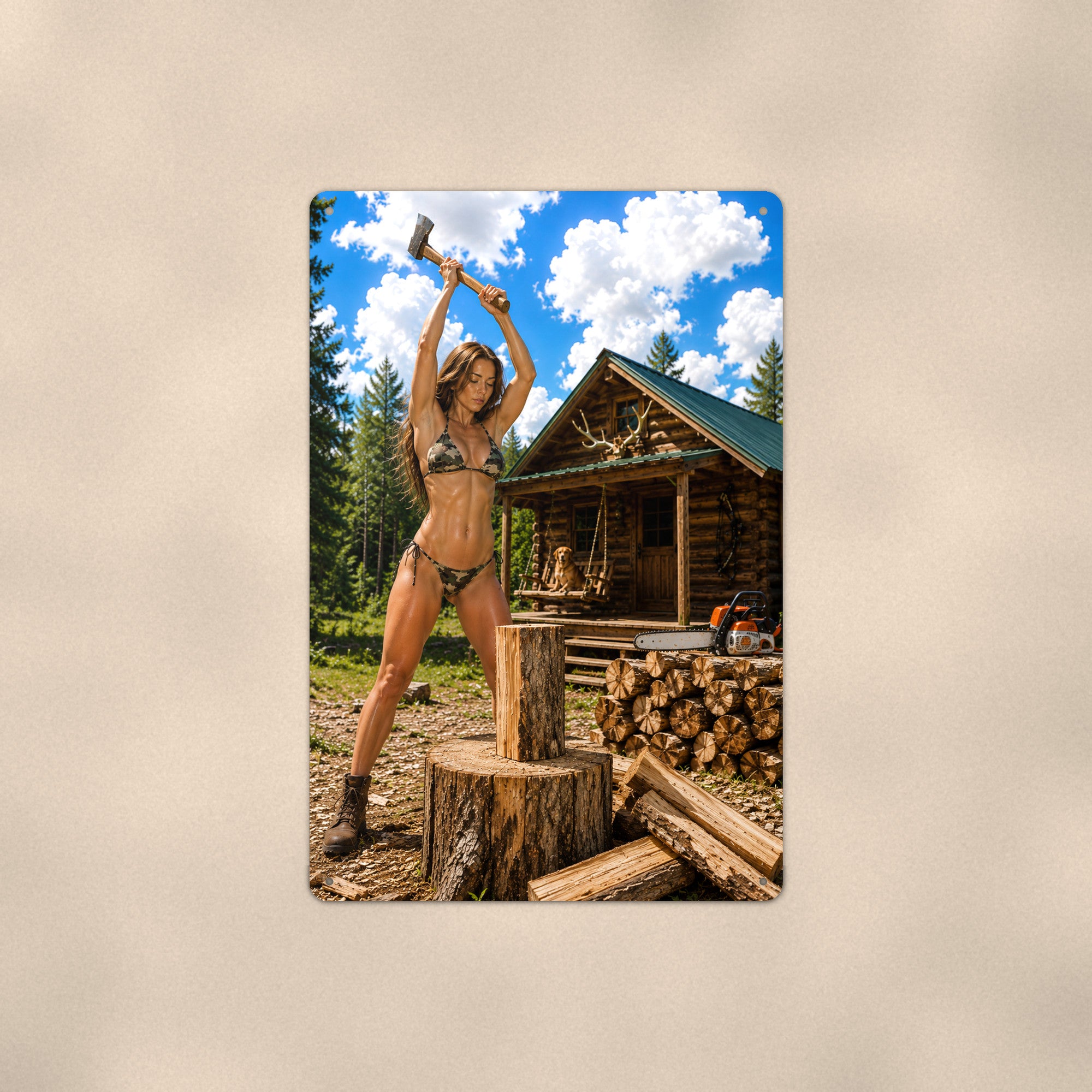 Woodcutter swinging a splitting maul Metal Wall Art, Aluminum Sign, Retro Pinup Wall Decor, Vintage Pin-Up Gift