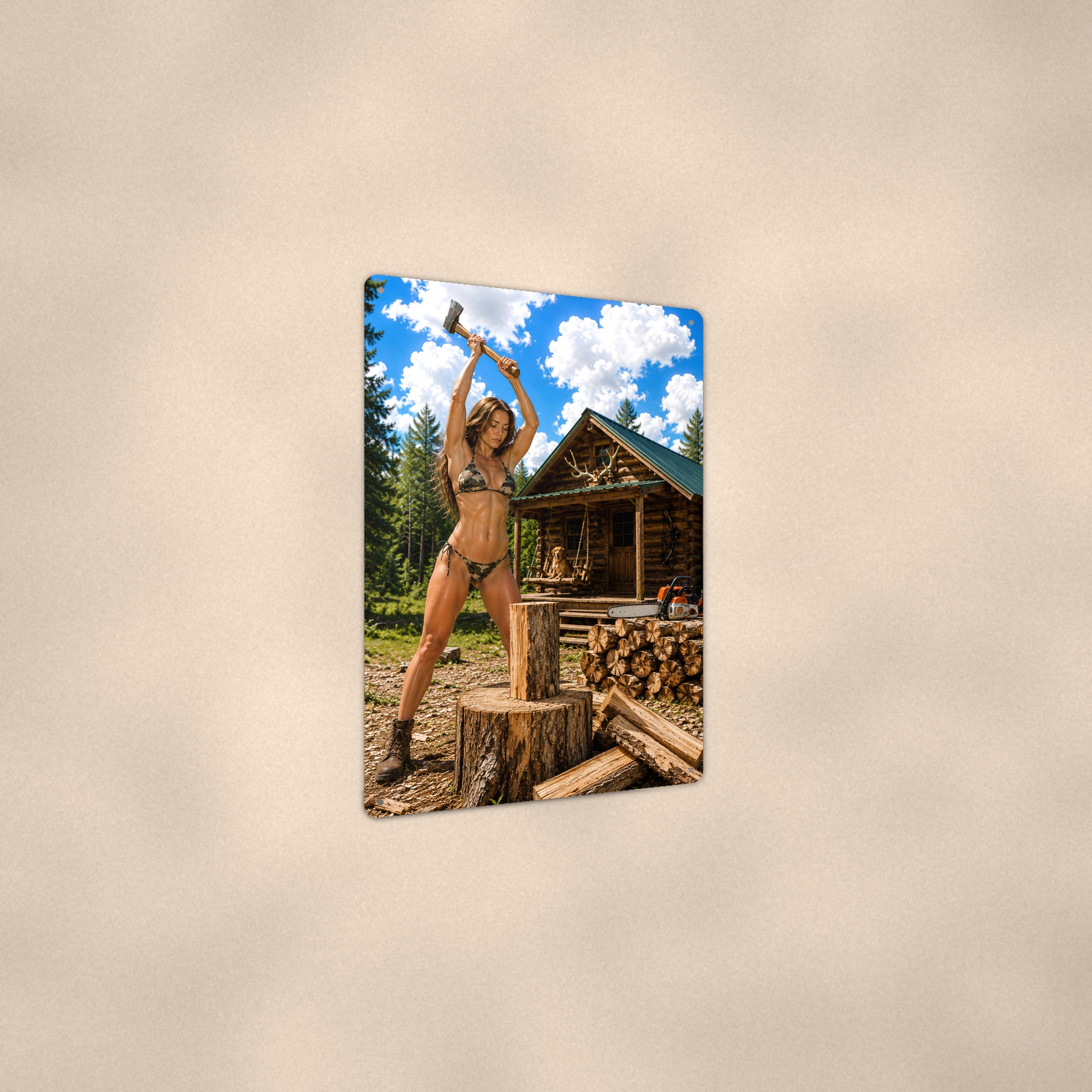 Woodcutter swinging a splitting maul Metal Wall Art, Aluminum Sign, Retro Pinup Wall Decor, Vintage Pin-Up Gift