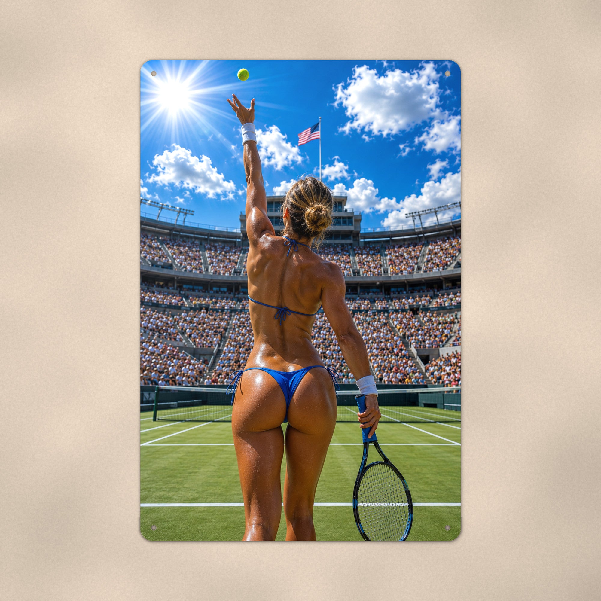 Tennis player serving before the crowd Metal Wall Art, Aluminum Sign, Retro Pinup Wall Decor, Vintage Pin-Up Gift