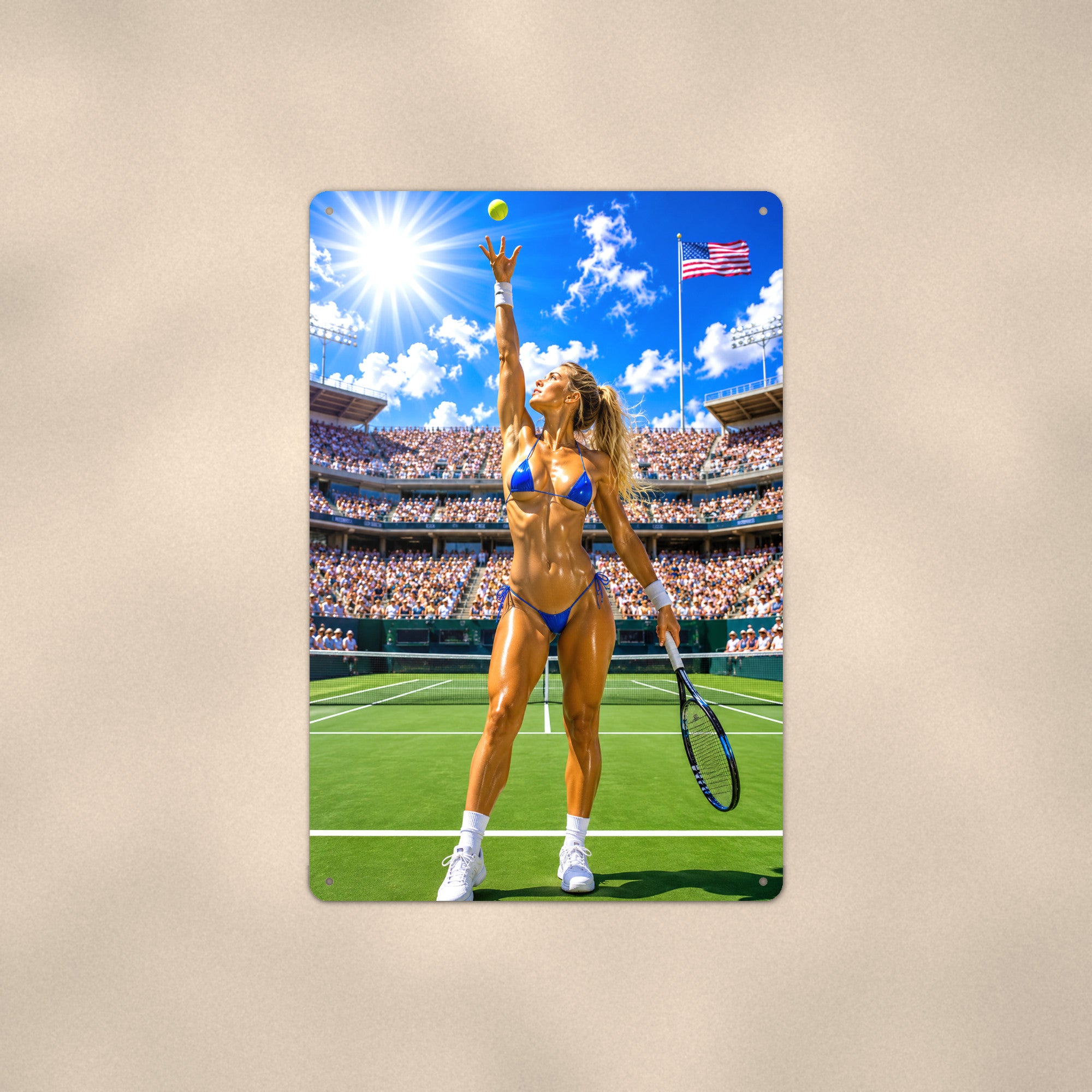Tennis player serving front on Metal Wall Art, Aluminum Sign, Retro Pinup Wall Decor, Vintage Pin-Up Gift
