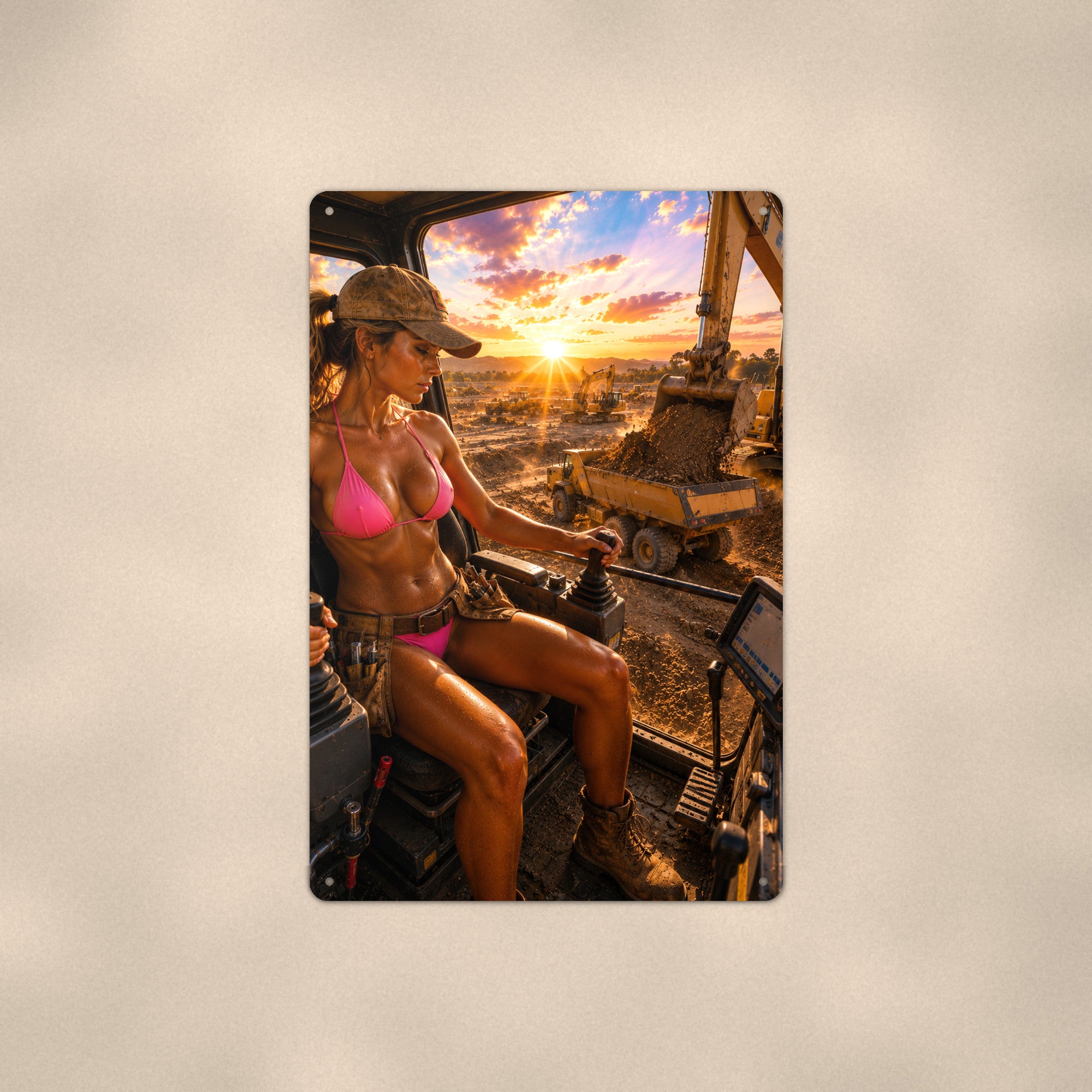 Excavator operator at a dirt sunset site Metal Wall Art, Aluminum Sign, Retro Pinup Wall Decor, Vintage Pin-Up Gift