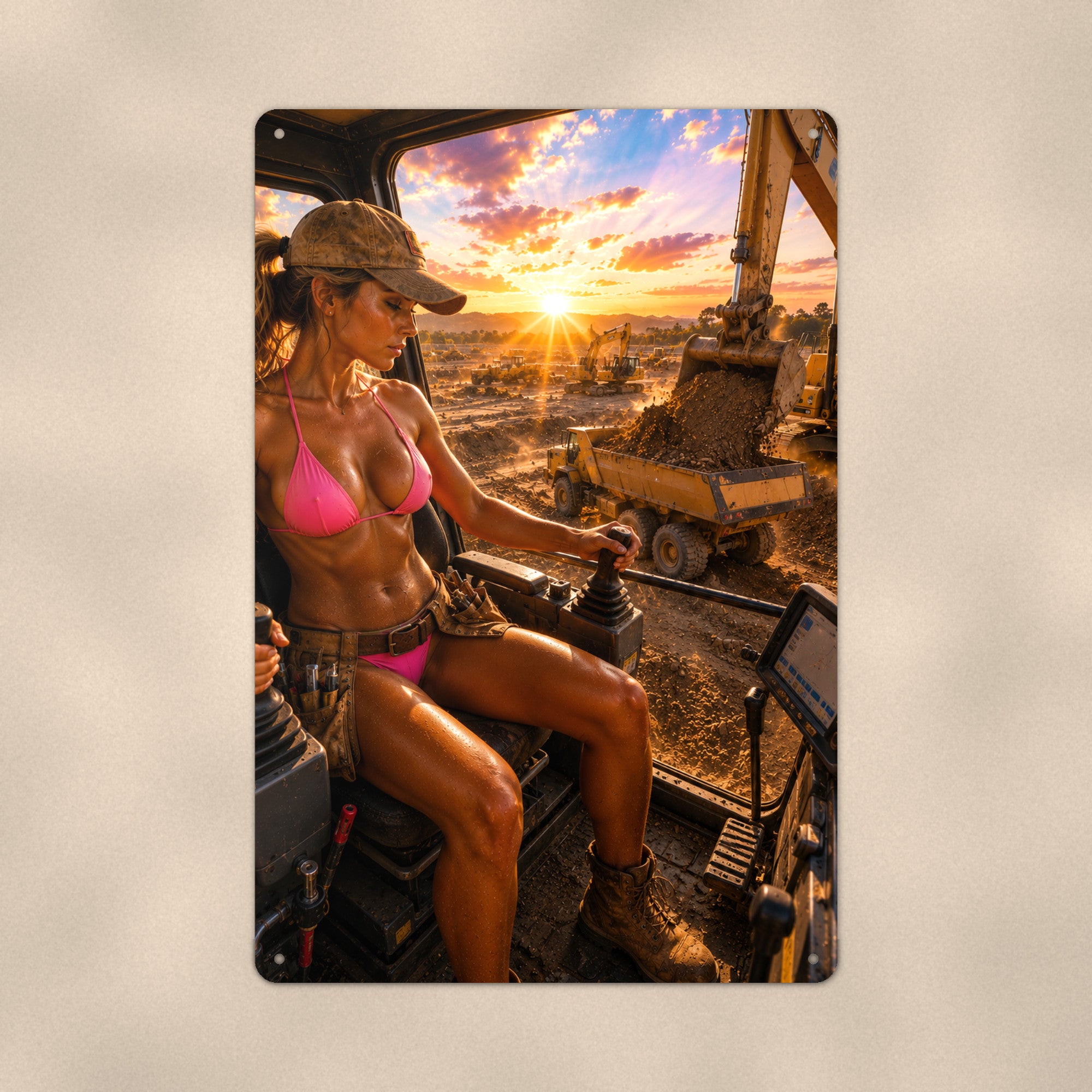 Excavator operator at a dirt sunset site Metal Wall Art, Aluminum Sign, Retro Pinup Wall Decor, Vintage Pin-Up Gift