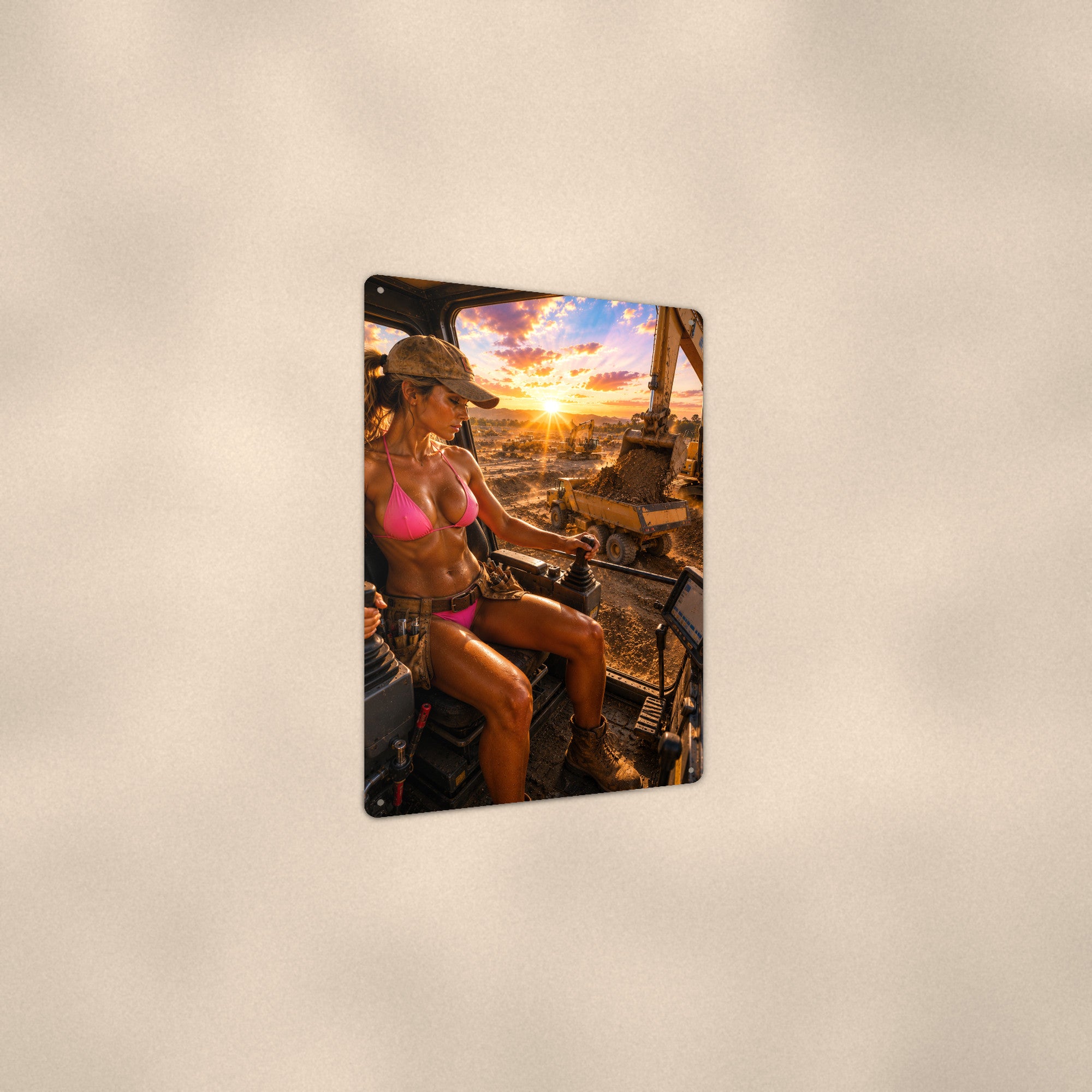 Excavator operator at a dirt sunset site Metal Wall Art, Aluminum Sign, Retro Pinup Wall Decor, Vintage Pin-Up Gift