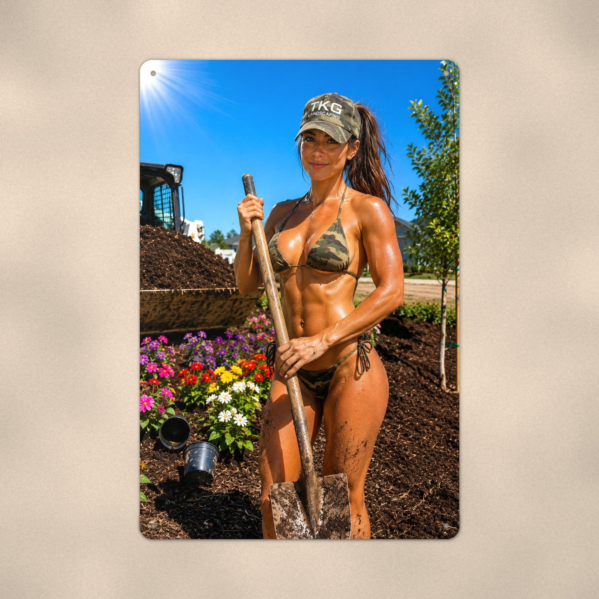 Landscaper planting flowers by the loader Metal Wall Art, Aluminum Sign, Retro Pinup Wall Decor, Vintage Pin-Up Gift