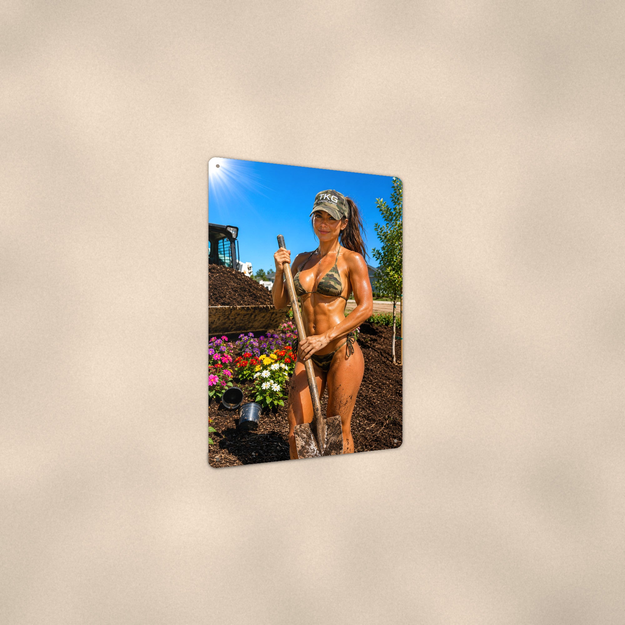 Landscaper planting flowers by the loader Metal Wall Art, Aluminum Sign, Retro Pinup Wall Decor, Vintage Pin-Up Gift