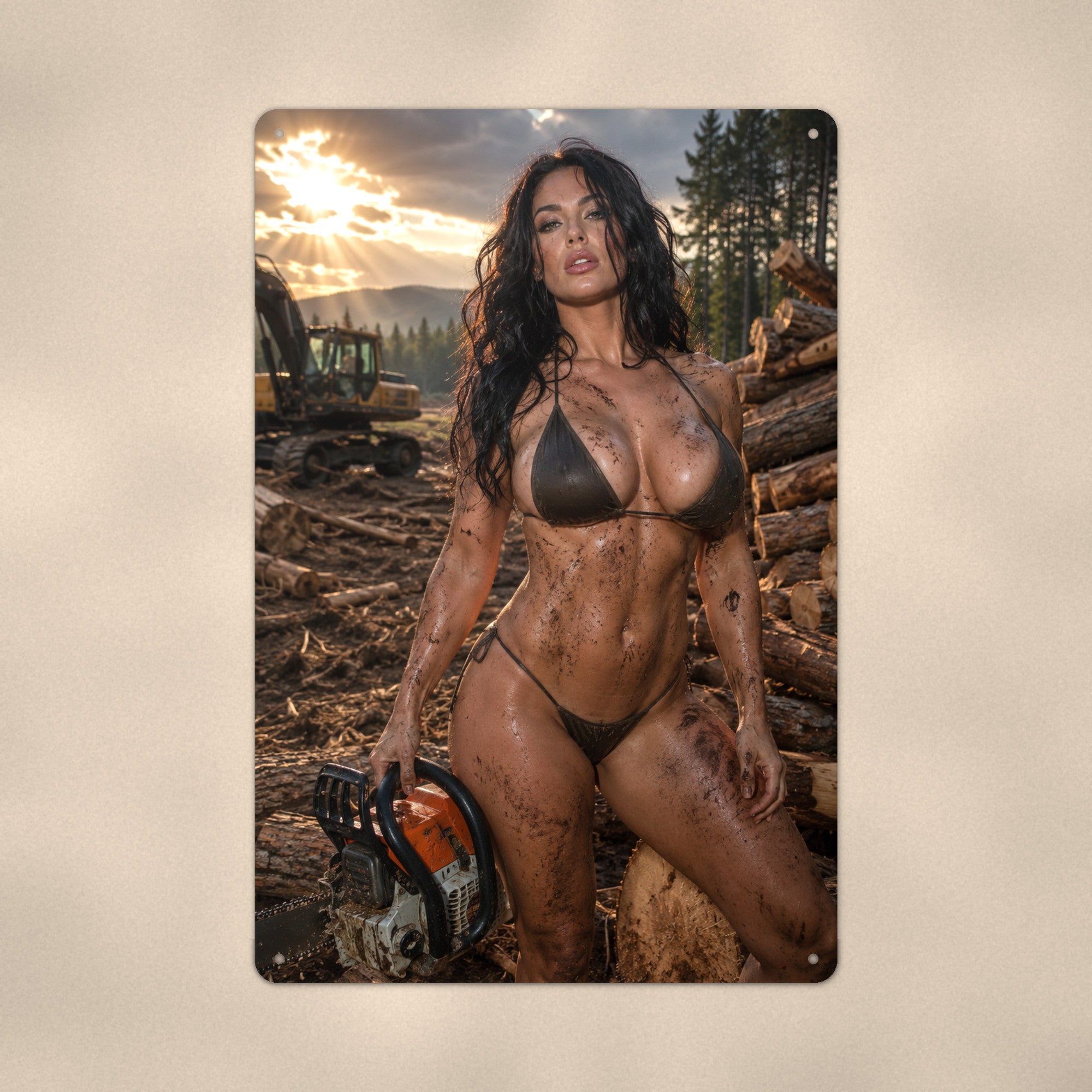Chainsaw worker at the dusk logging site Metal Wall Art, Aluminum Sign, Retro Pinup Wall Decor, Vintage Pin-Up Gift