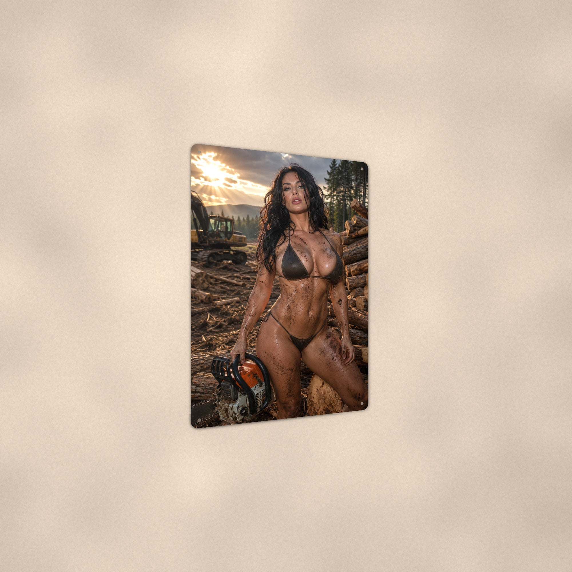 Chainsaw worker at the dusk logging site Metal Wall Art, Aluminum Sign, Retro Pinup Wall Decor, Vintage Pin-Up Gift