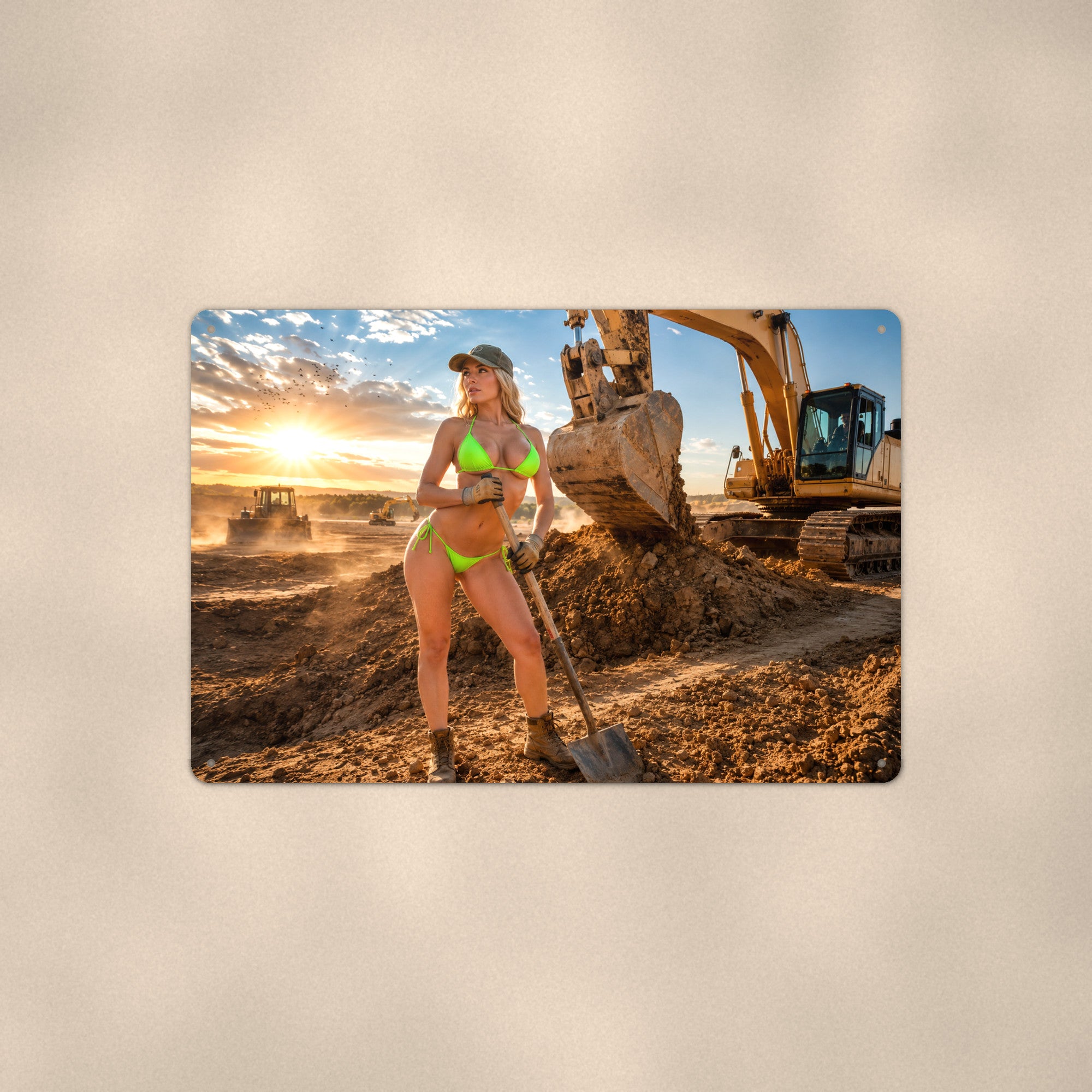 Shovel worker before the excavator bucket Metal Wall Art, Aluminum Sign, Retro Pinup Wall Decor, Vintage Pin-Up Gift