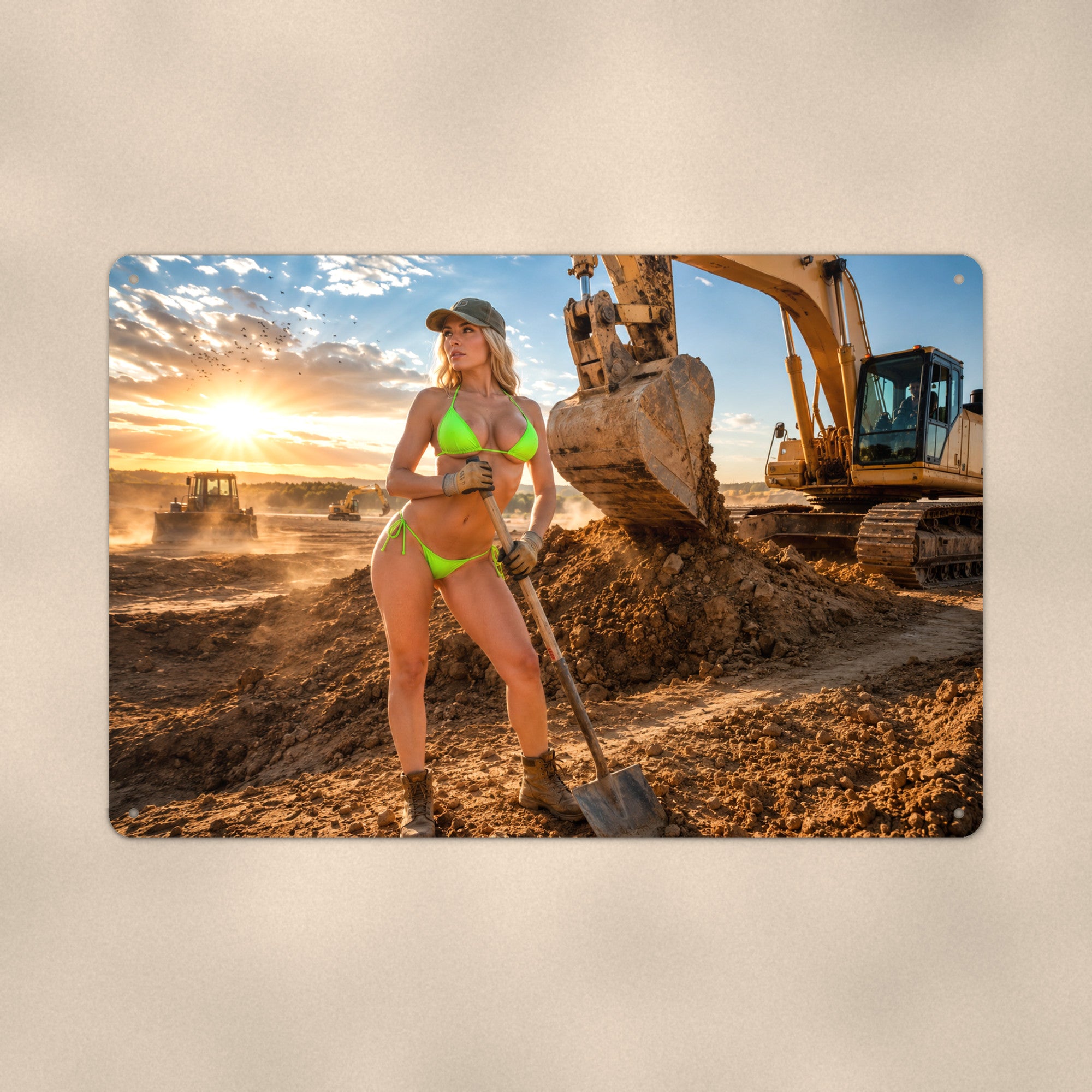 Shovel worker before the excavator bucket Metal Wall Art, Aluminum Sign, Retro Pinup Wall Decor, Vintage Pin-Up Gift