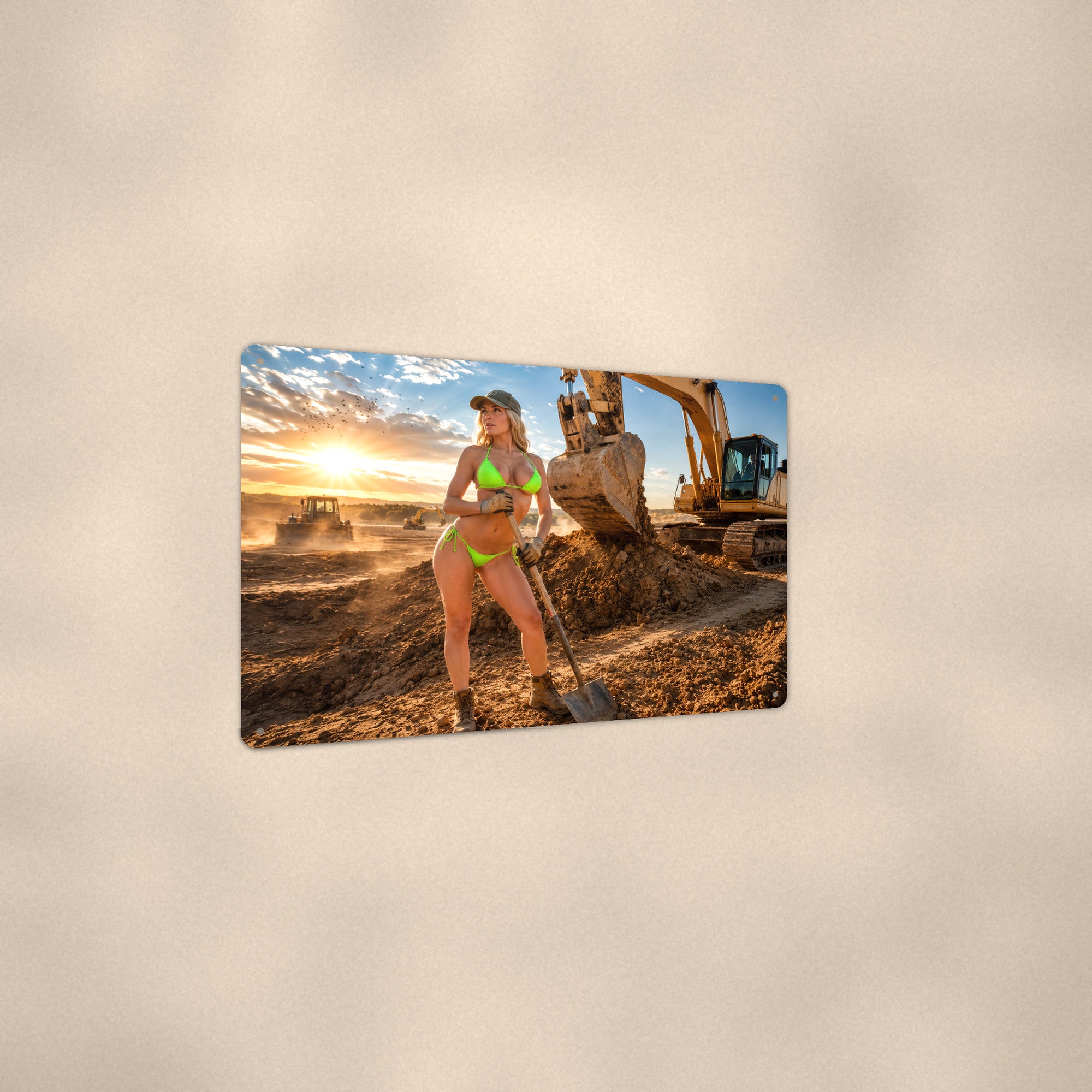 Shovel worker before the excavator bucket Metal Wall Art, Aluminum Sign, Retro Pinup Wall Decor, Vintage Pin-Up Gift