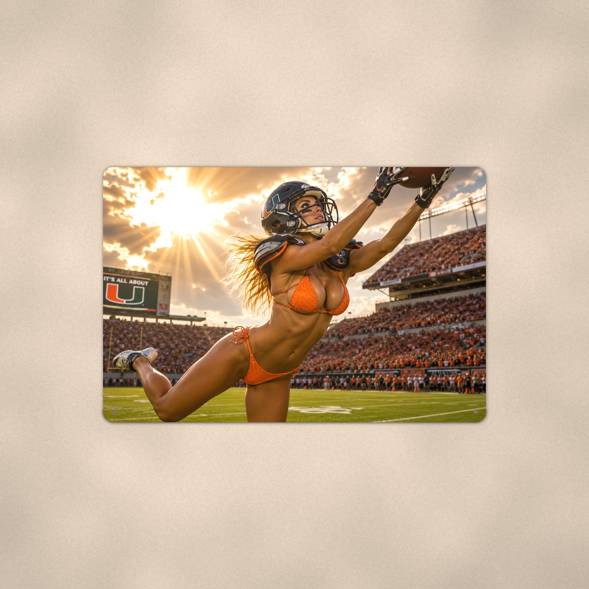 Game-Day End Zone Catch Orange & Green Pinup Range Bikini Aluminum Sign