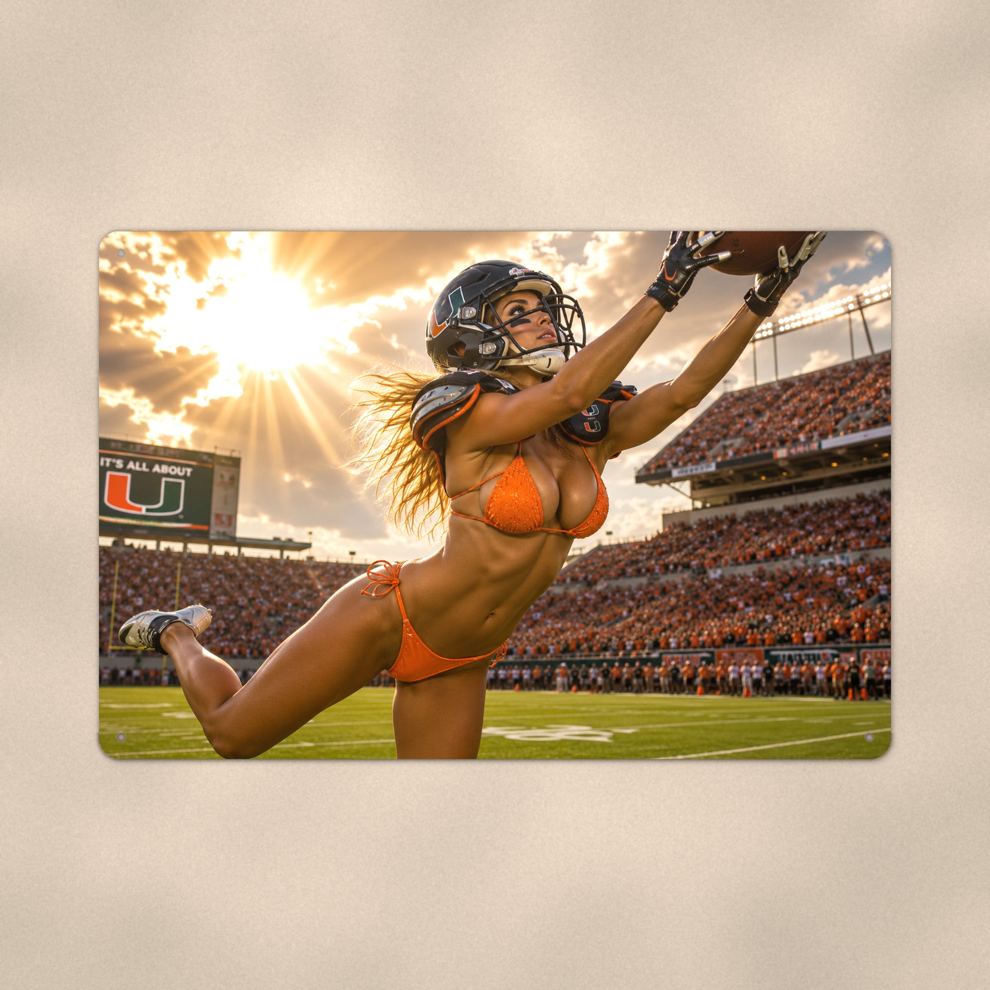 Game-Day End Zone Catch Orange & Green Pinup Range Bikini Aluminum Sign