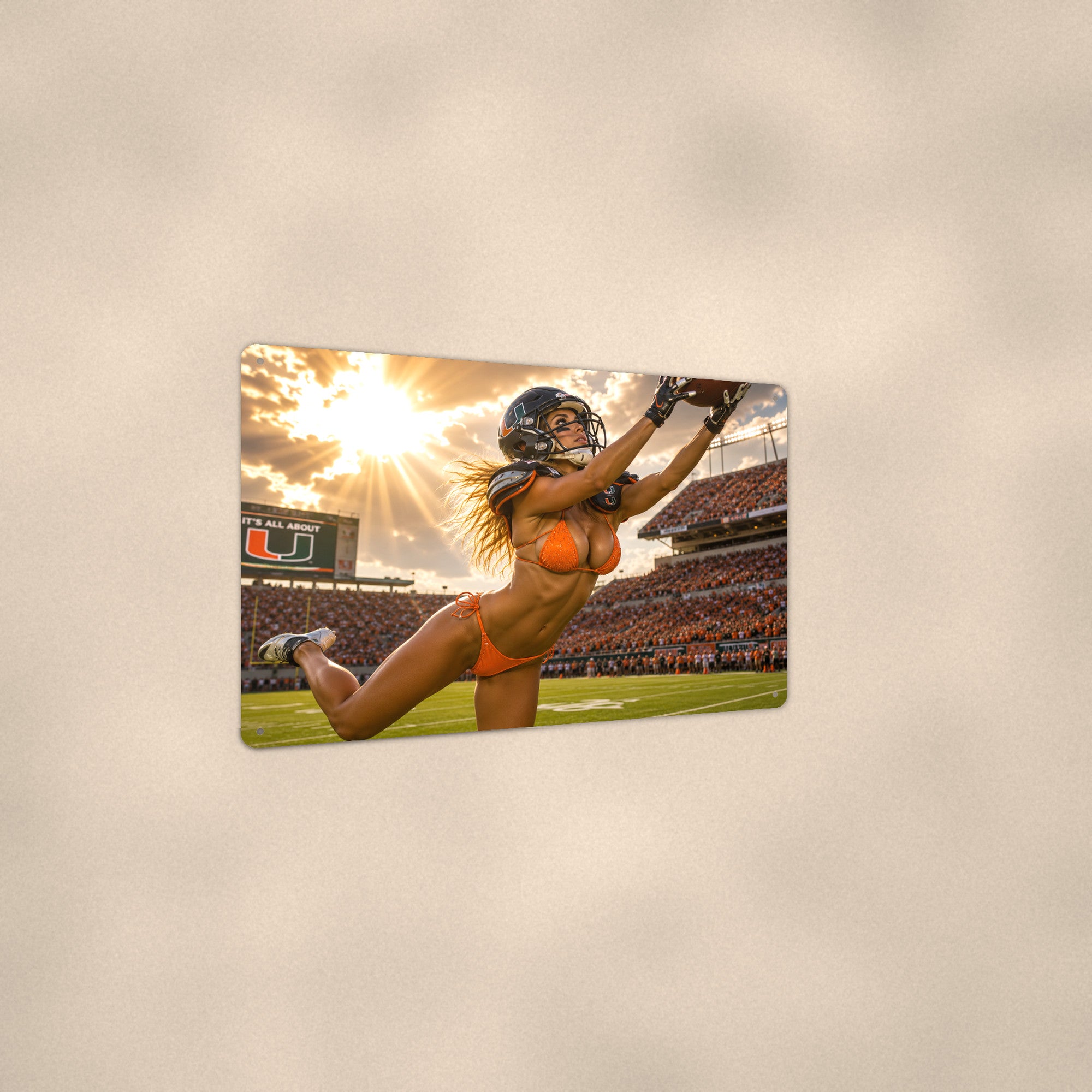 Game-Day End Zone Catch Orange & Green Pinup Range Bikini Aluminum Sign