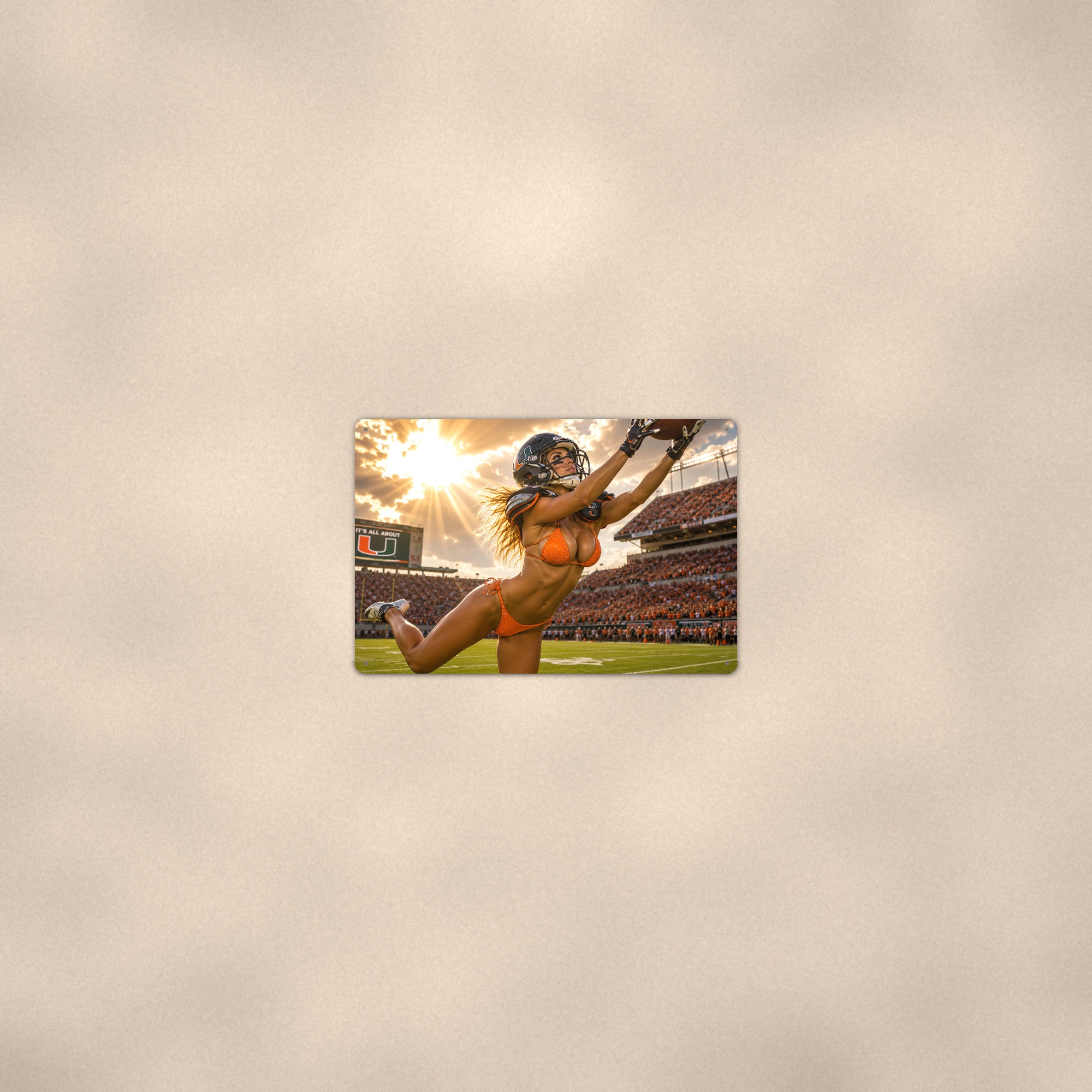 Game-Day End Zone Catch Orange & Green Pinup Range Bikini Aluminum Sign