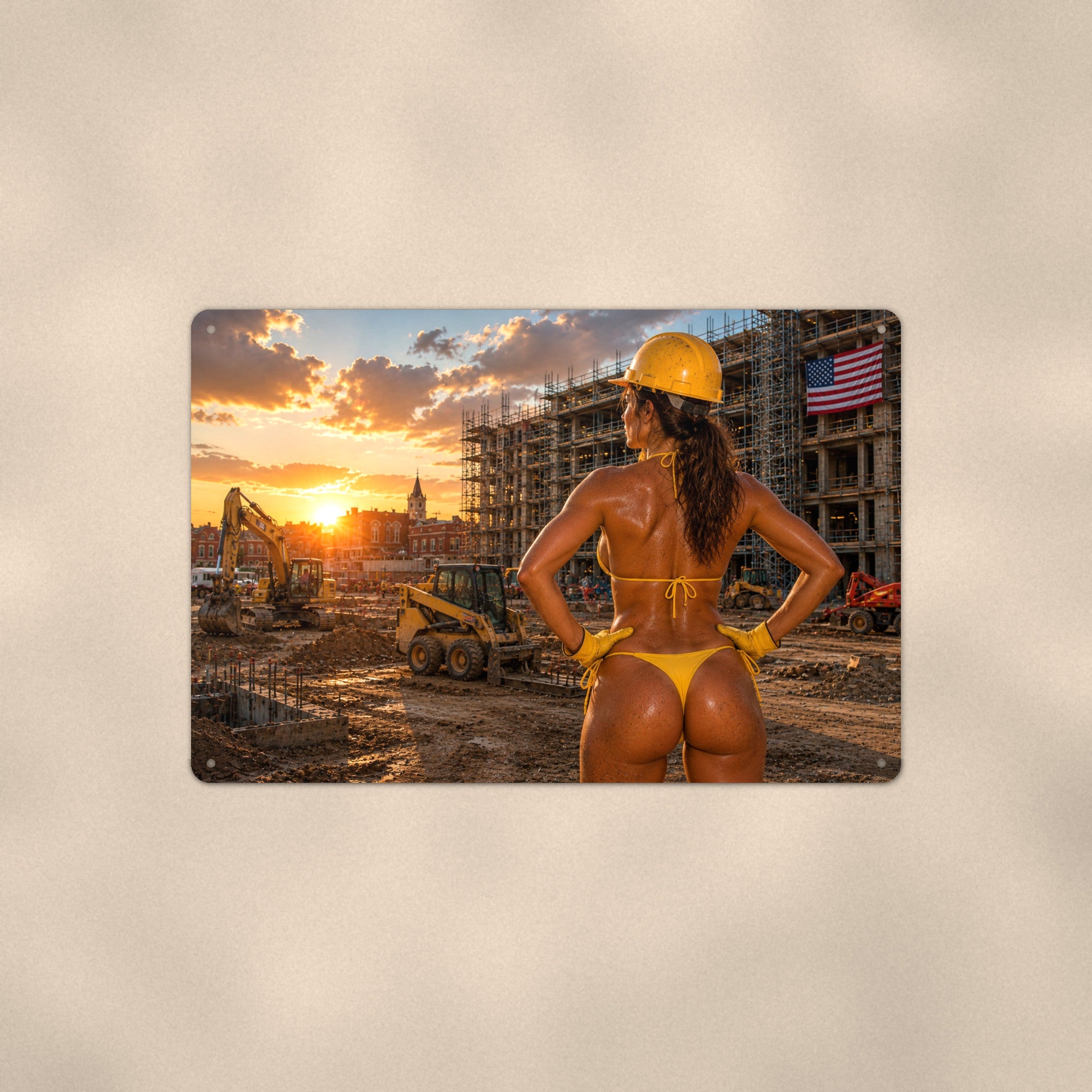 Hard hat worker at a high-rise scaffold site Metal Wall Art, Aluminum Sign, Retro Pinup Wall Decor, Vintage Pin-Up Gift