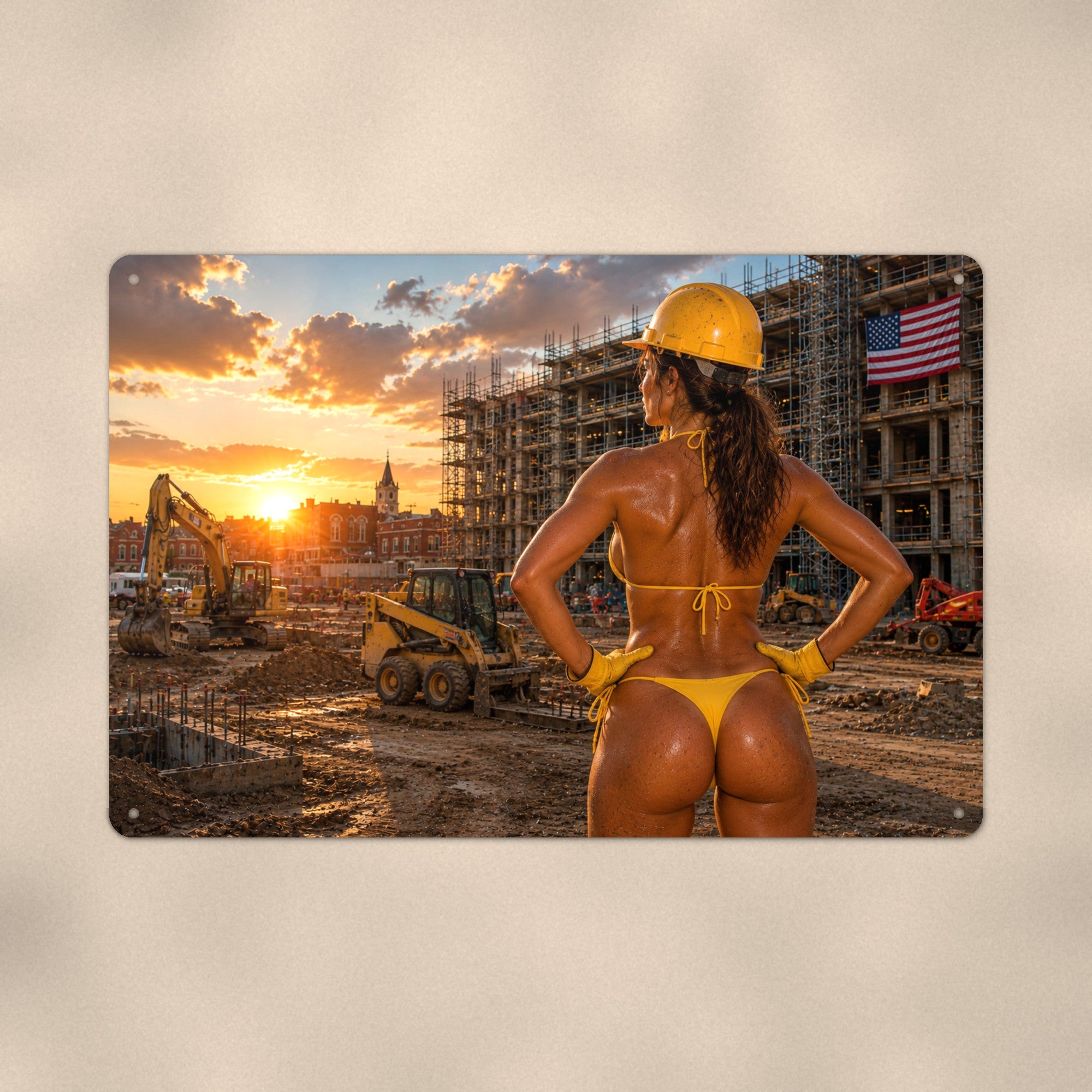 Hard hat worker at a high-rise scaffold site Metal Wall Art, Aluminum Sign, Retro Pinup Wall Decor, Vintage Pin-Up Gift