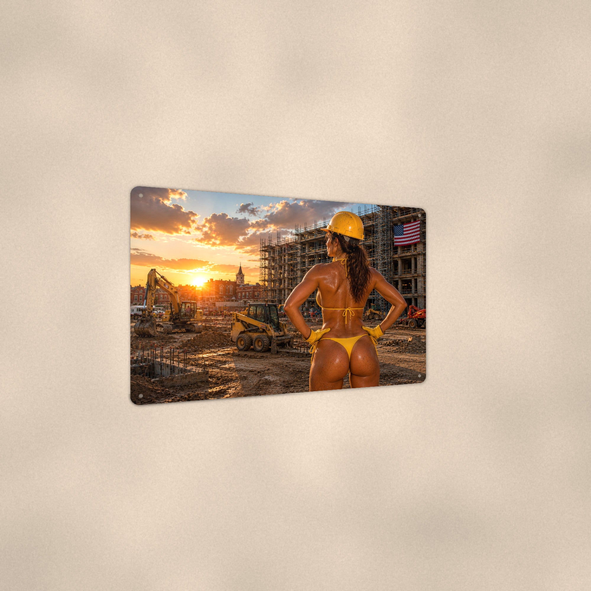 Hard hat worker at a high-rise scaffold site Metal Wall Art, Aluminum Sign, Retro Pinup Wall Decor, Vintage Pin-Up Gift