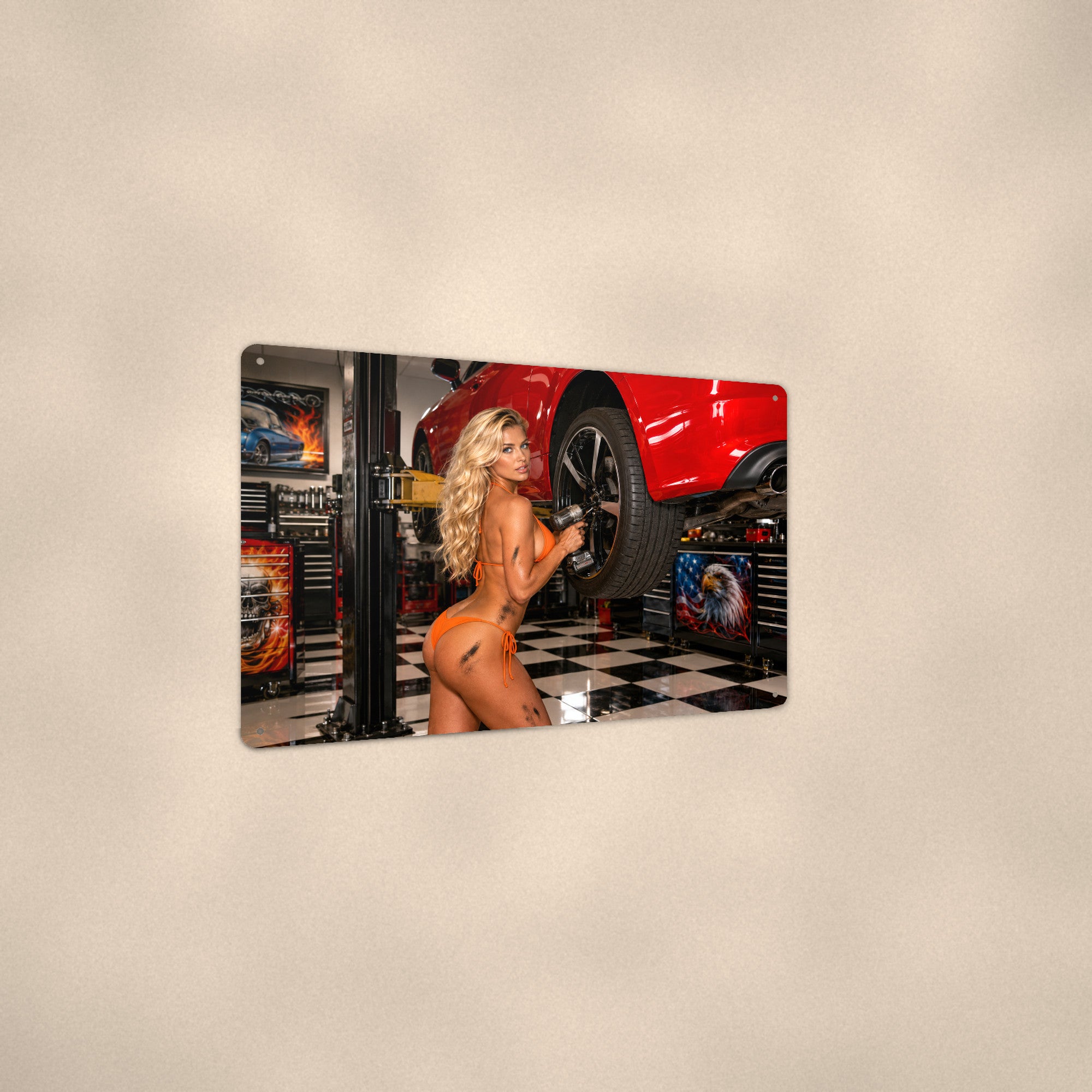 Mechanic with a power drill on the car lift Metal Wall Art, Aluminum Sign, Retro Pinup Wall Decor, Vintage Pin-Up Gift