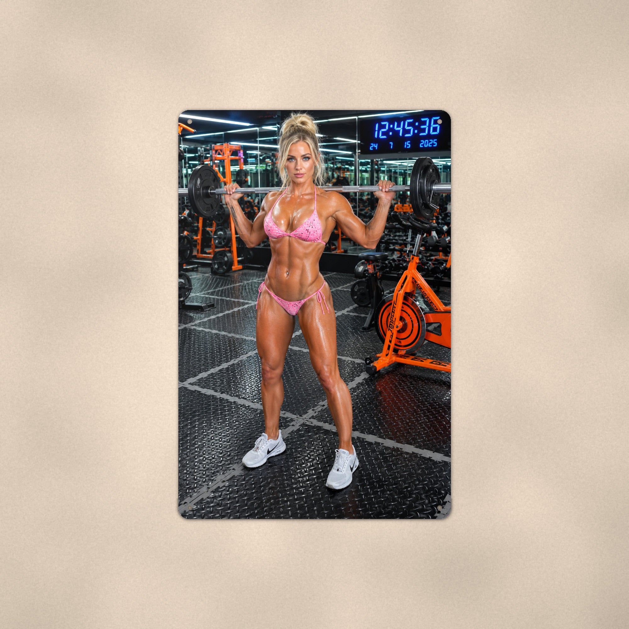 Athlete Racking a Barbell at the Squat Rack Gym Bikini Aluminum Sign