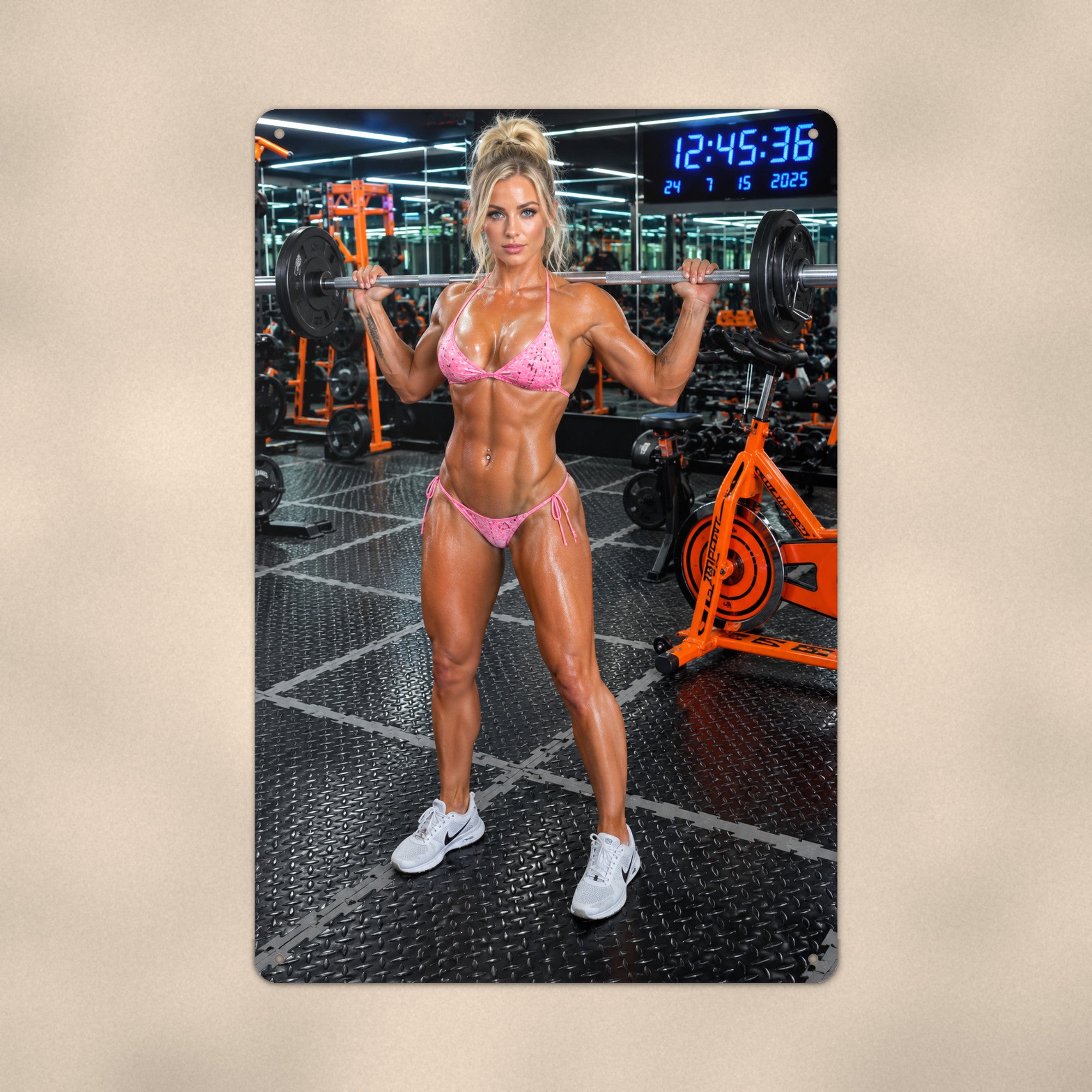 Athlete Racking a Barbell at the Squat Rack Gym Bikini Aluminum Sign