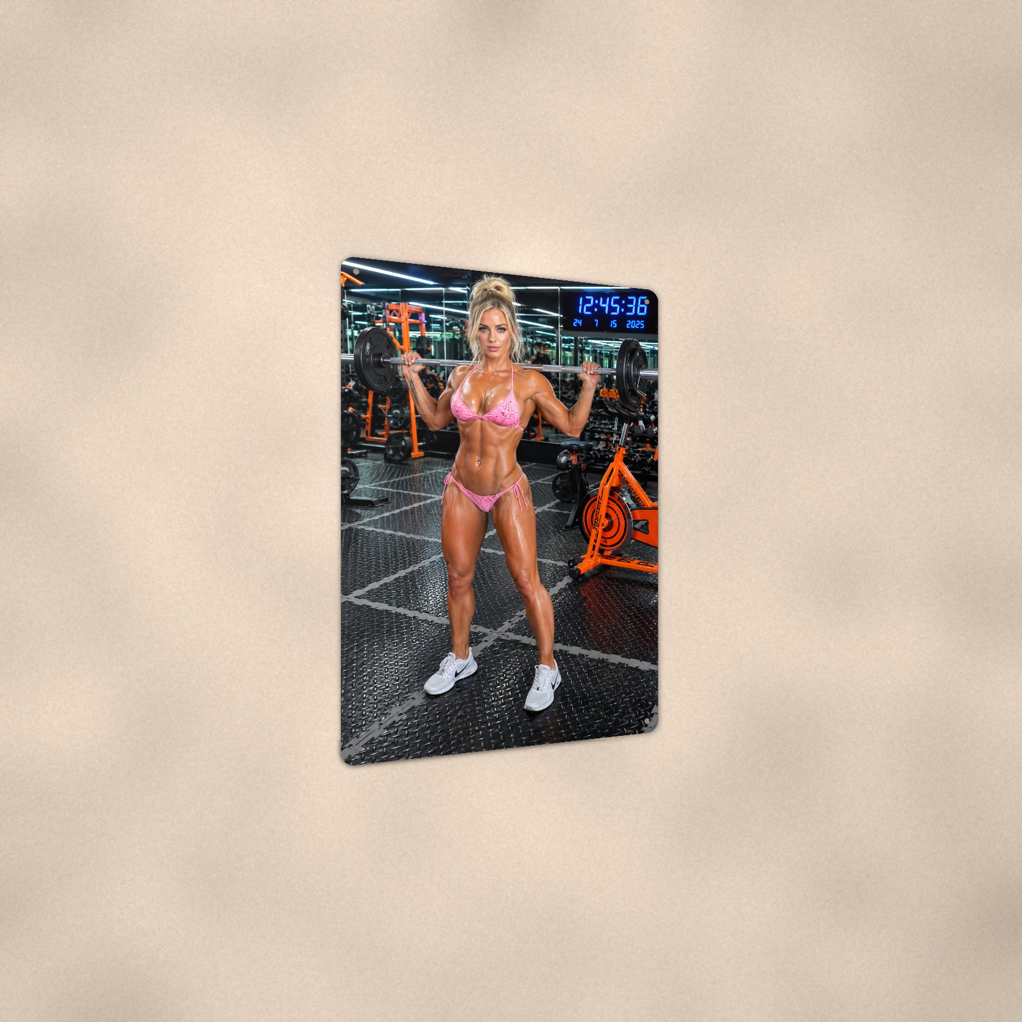Athlete Racking a Barbell at the Squat Rack Gym Bikini Aluminum Sign
