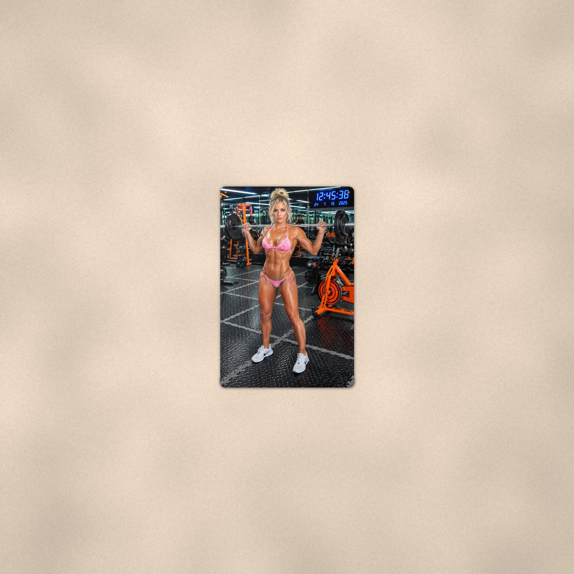 Athlete Racking a Barbell at the Squat Rack Gym Bikini Aluminum Sign