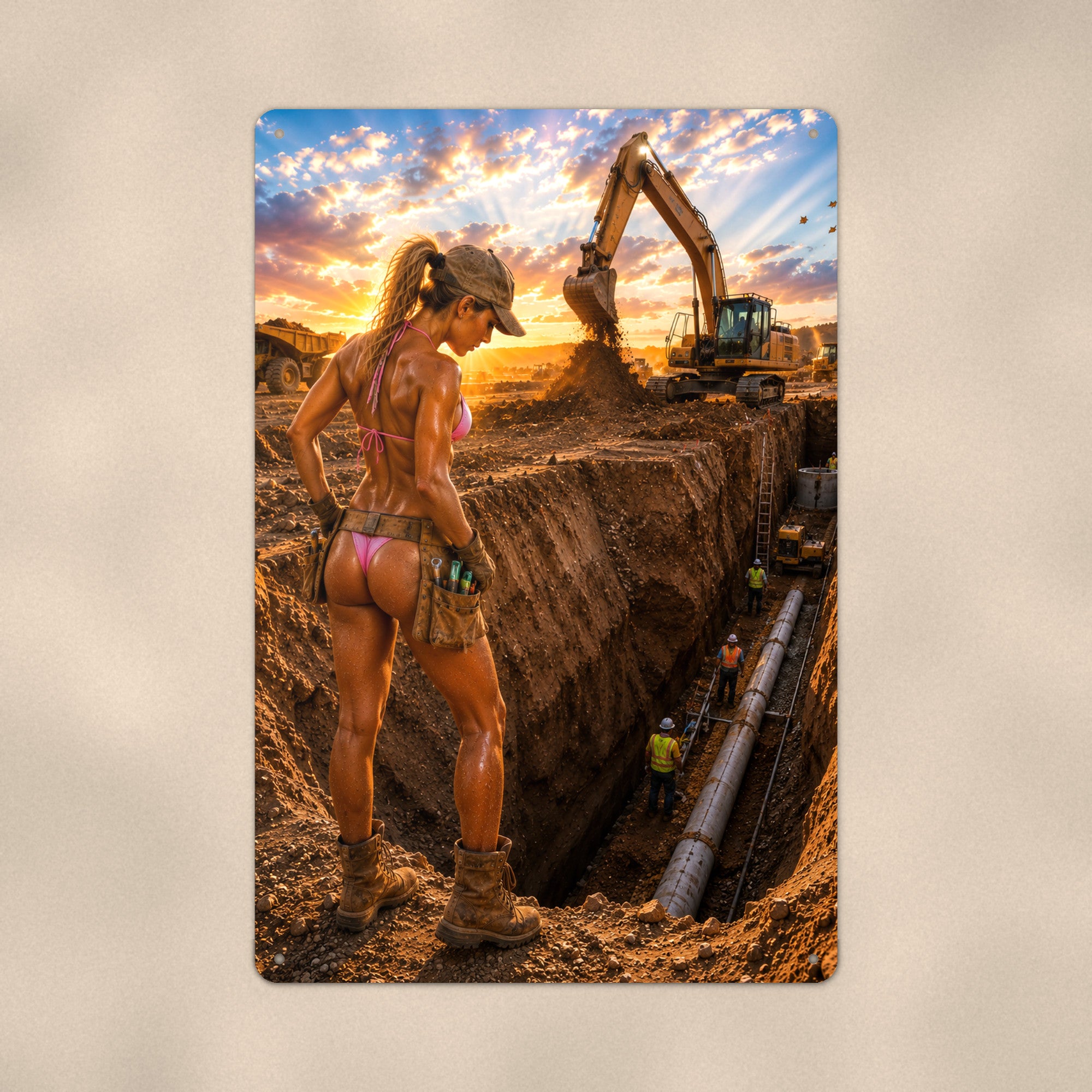 Tool-belt worker over a utility trench Metal Wall Art, Aluminum Sign, Retro Pinup Wall Decor, Vintage Pin-Up Gift