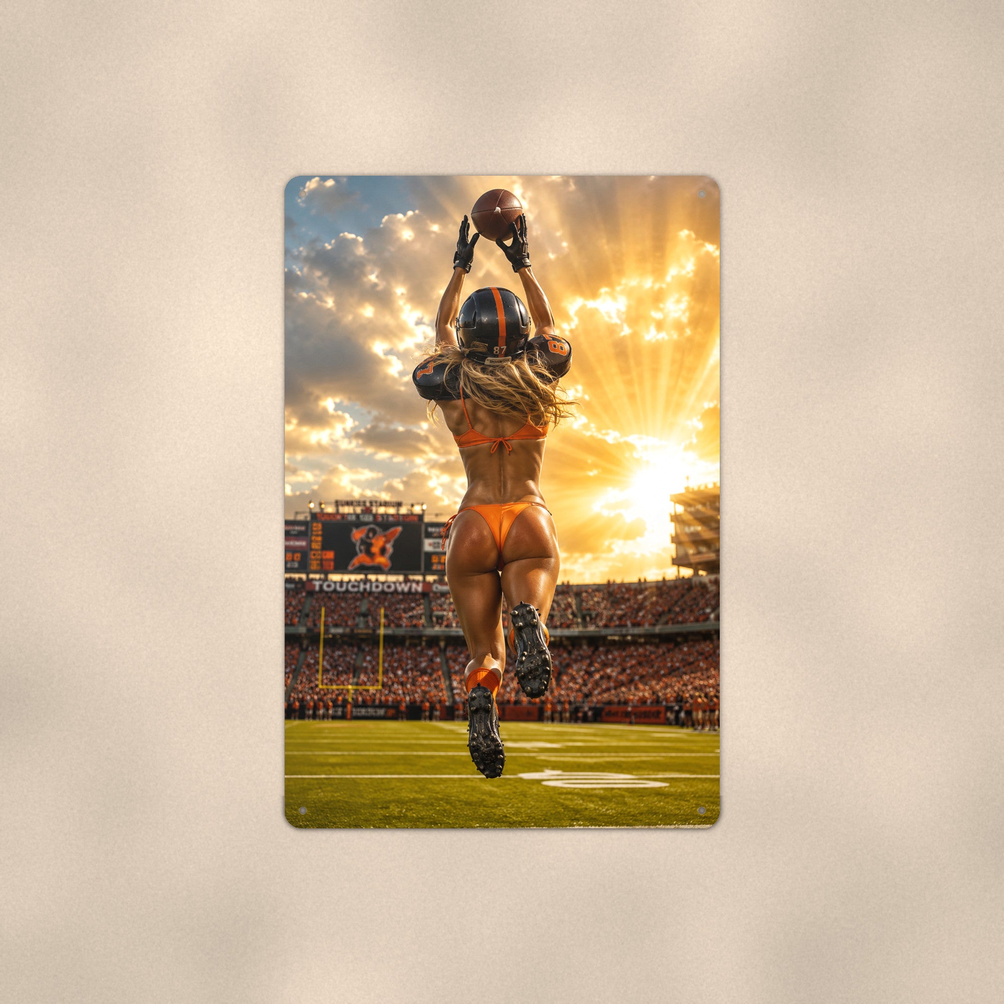 Receiver leaping for the catch at sunset Metal Wall Art, Aluminum Sign, Retro Pinup Wall Decor, Vintage Pin-Up Gift