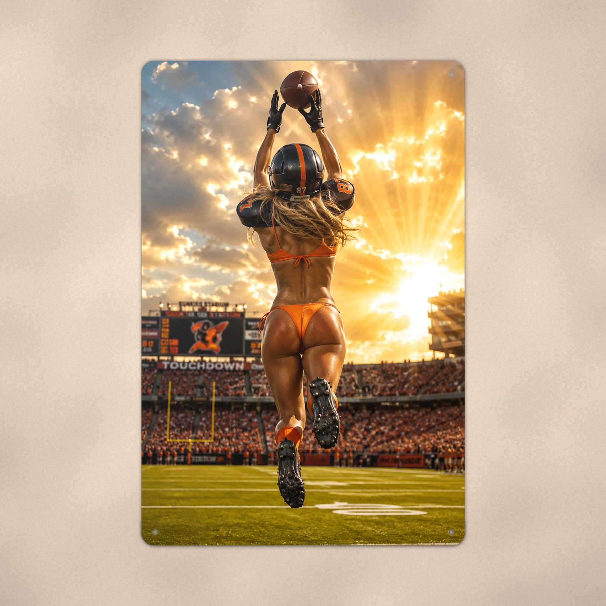 Receiver leaping for the catch at sunset Metal Wall Art, Aluminum Sign, Retro Pinup Wall Decor, Vintage Pin-Up Gift
