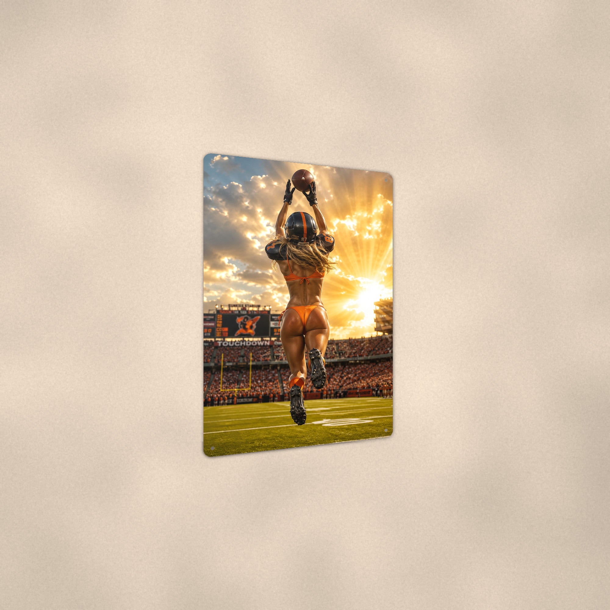 Receiver leaping for the catch at sunset Metal Wall Art, Aluminum Sign, Retro Pinup Wall Decor, Vintage Pin-Up Gift
