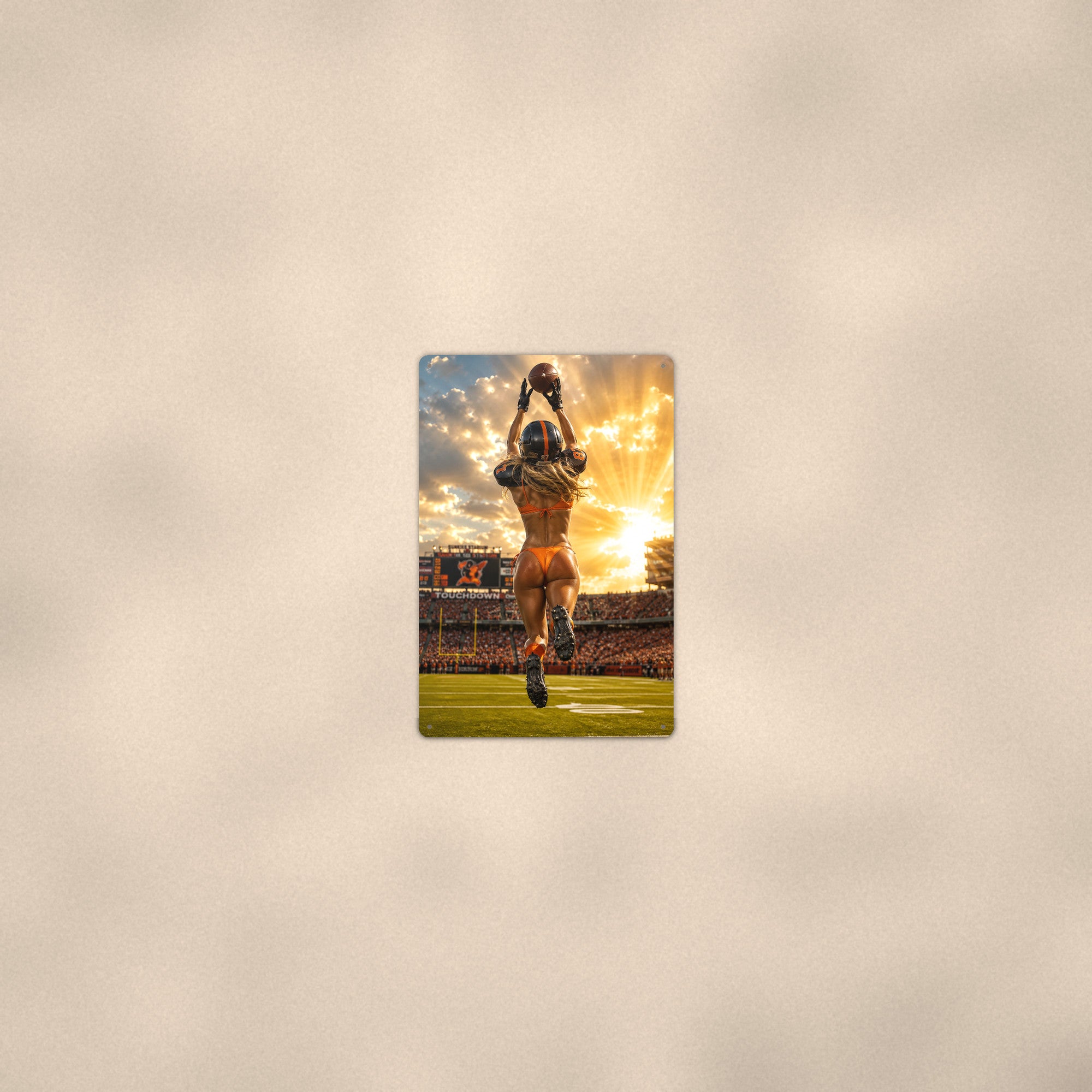 Receiver leaping for the catch at sunset Metal Wall Art, Aluminum Sign, Retro Pinup Wall Decor, Vintage Pin-Up Gift